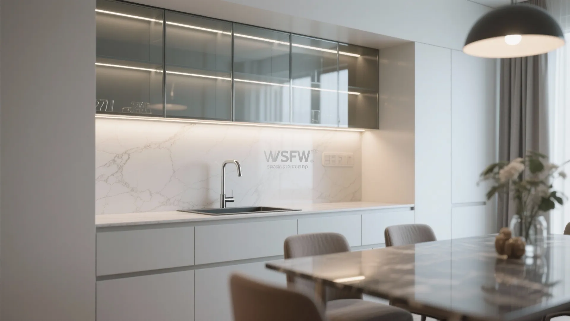 White kitchen cabinets with glass wall units marble wall surface and small black sink area