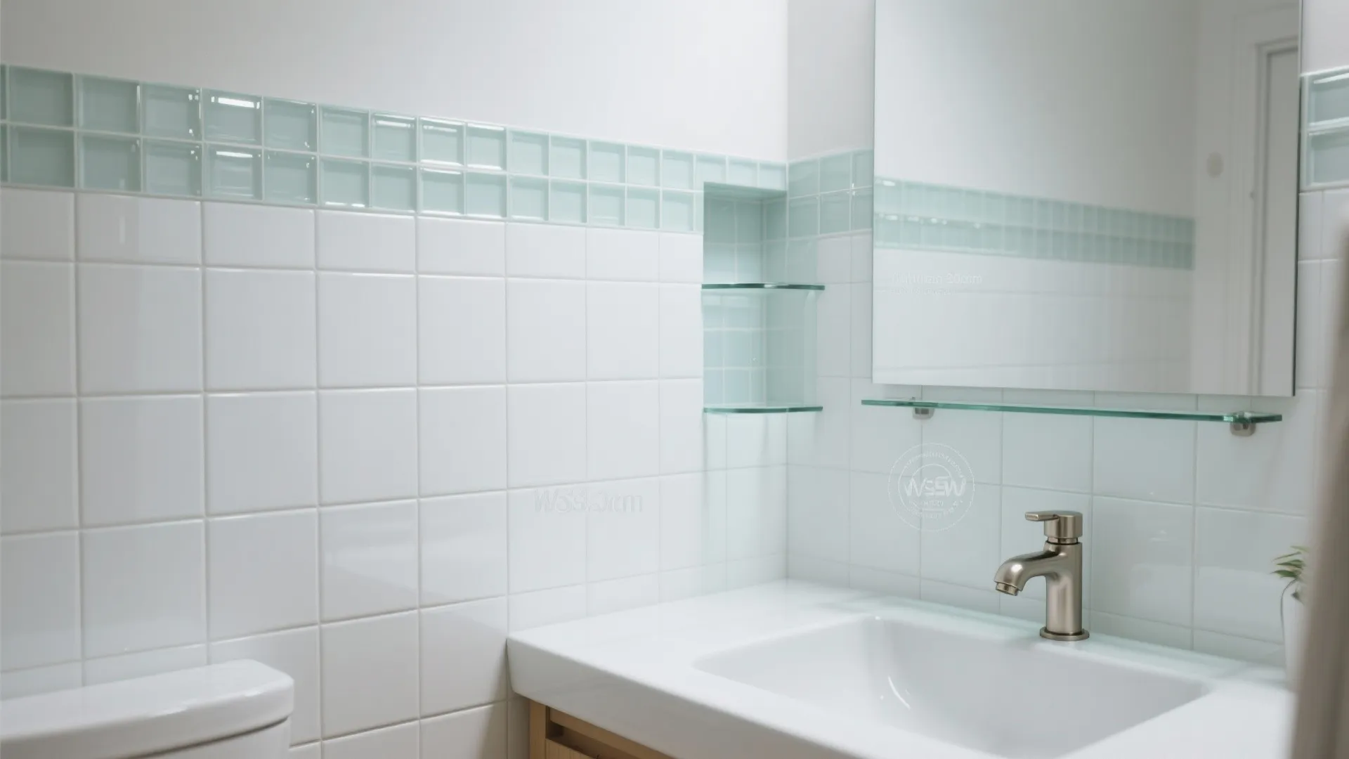 2) Glass tile backsplash and shower niche for luminous depth