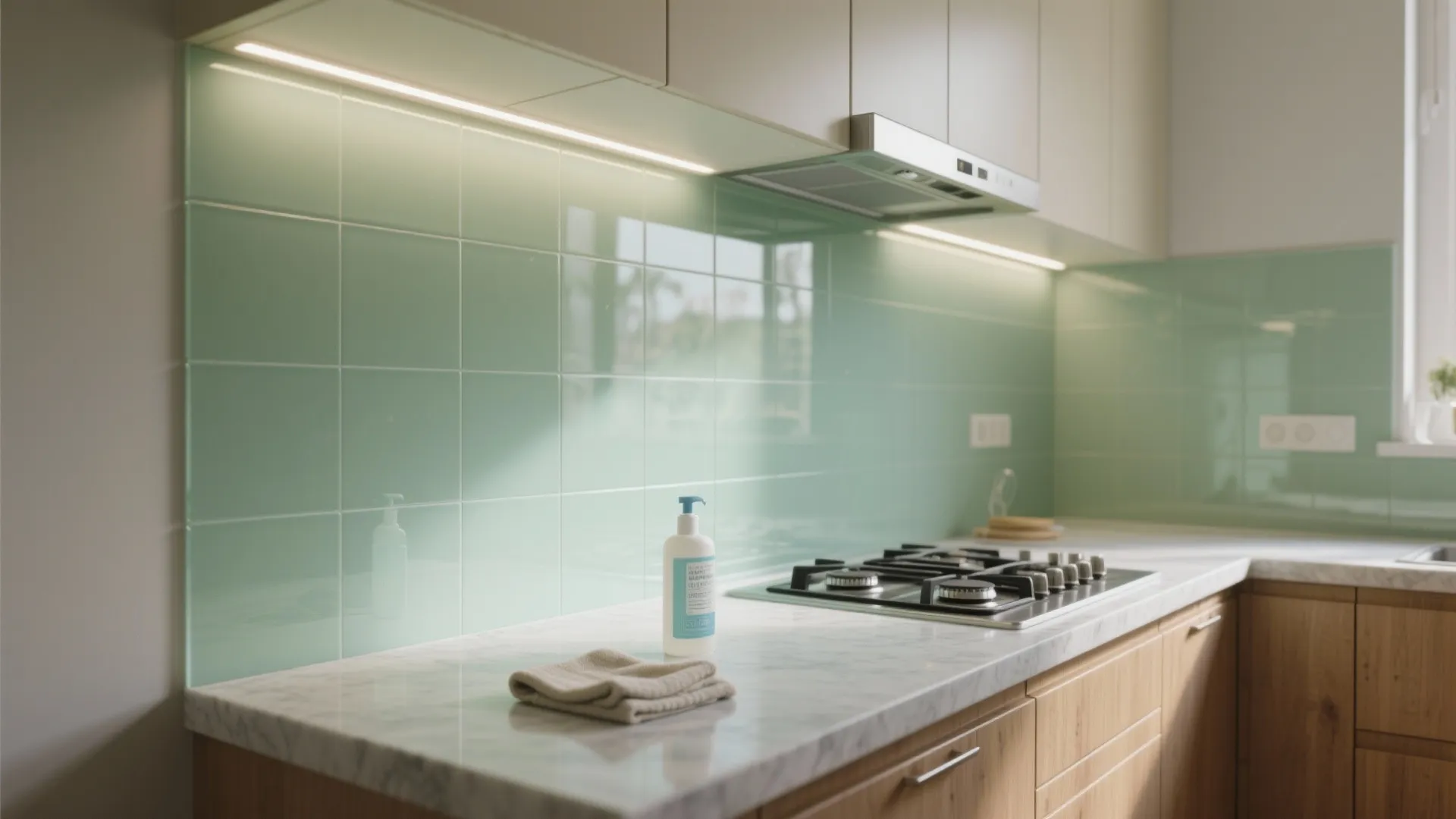 Modern kitchen with light green wall tiles, white marble countertop, gas stove, and wooden cabinets