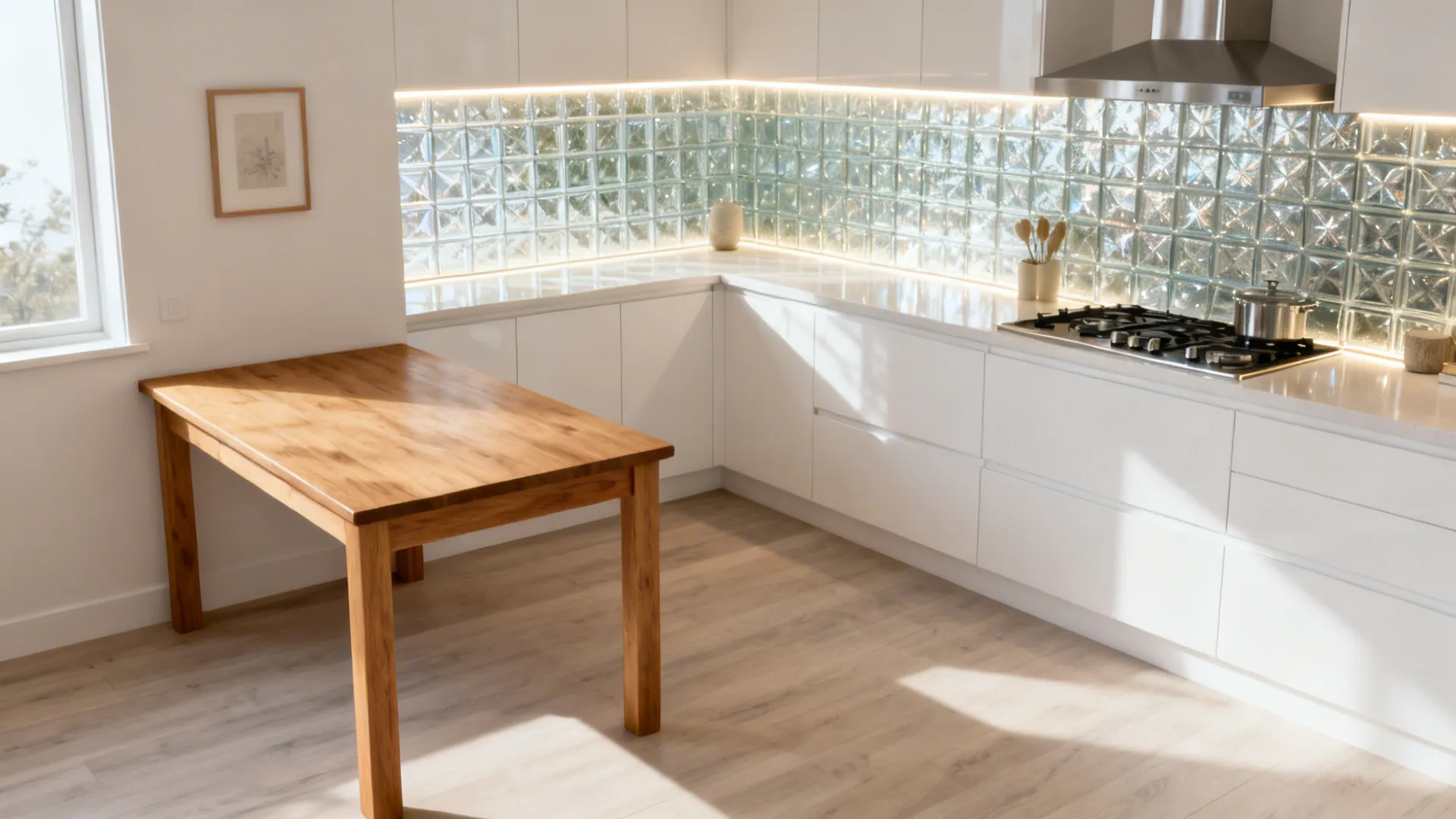 Small kitchen with starphire glass backsplash and a low-sheen oak dining table.