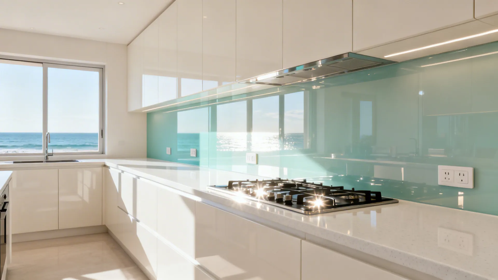 Back-painted glass backsplash reflecting daylight in a modern small kitchen with slab cabinets.