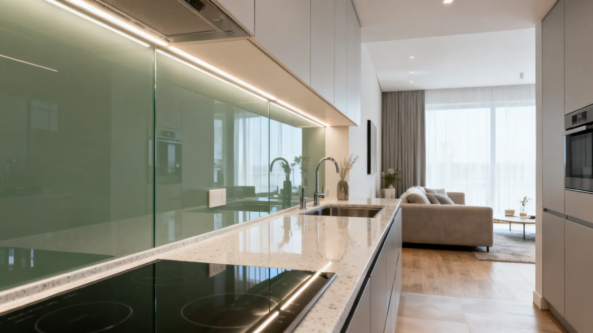 Modern kitchen with green glass wall, white counter, sink, and view into open living room