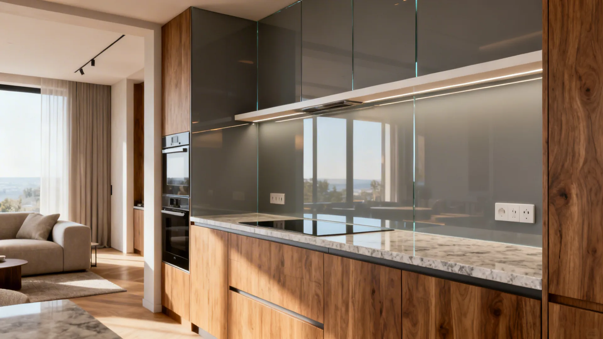 Back-painted warm gray glass backsplash reflecting daylight in an open-plan kitchen.