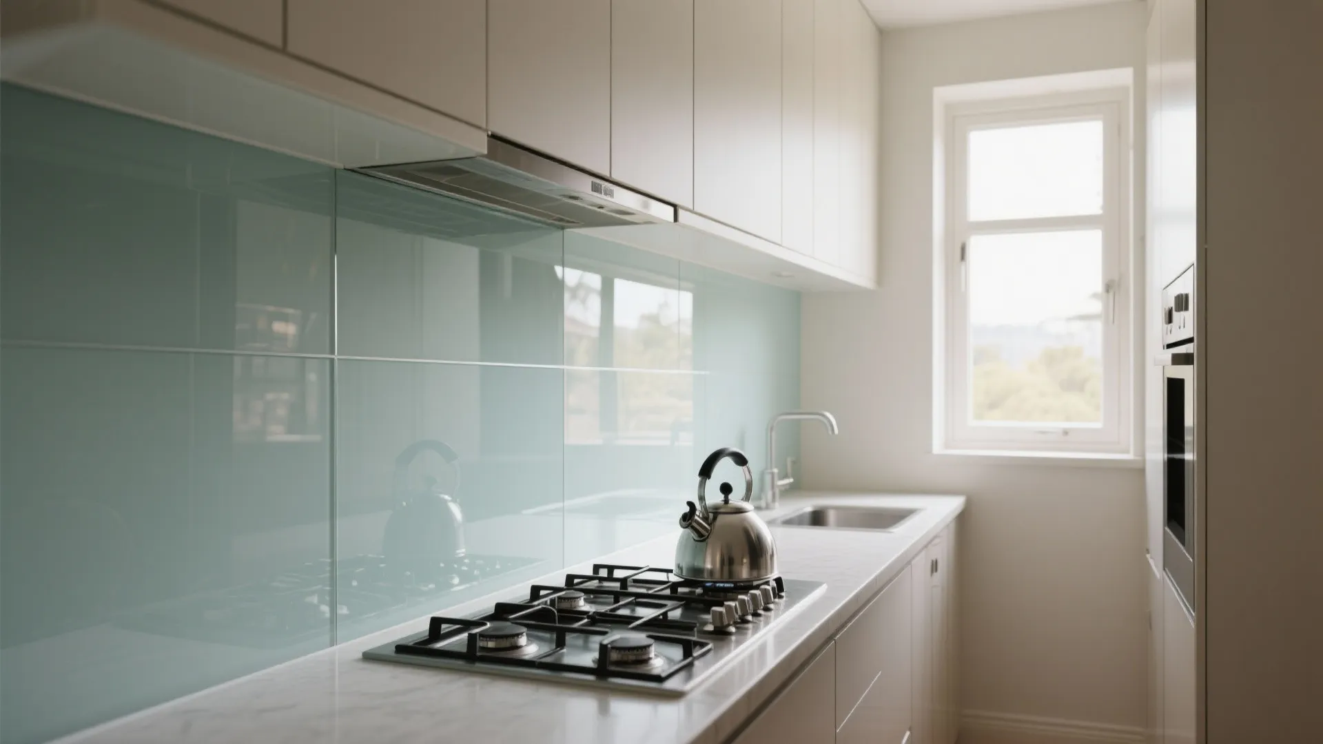 Modern white kitchen with light blue glass wall panel gas stove metal kettle and window