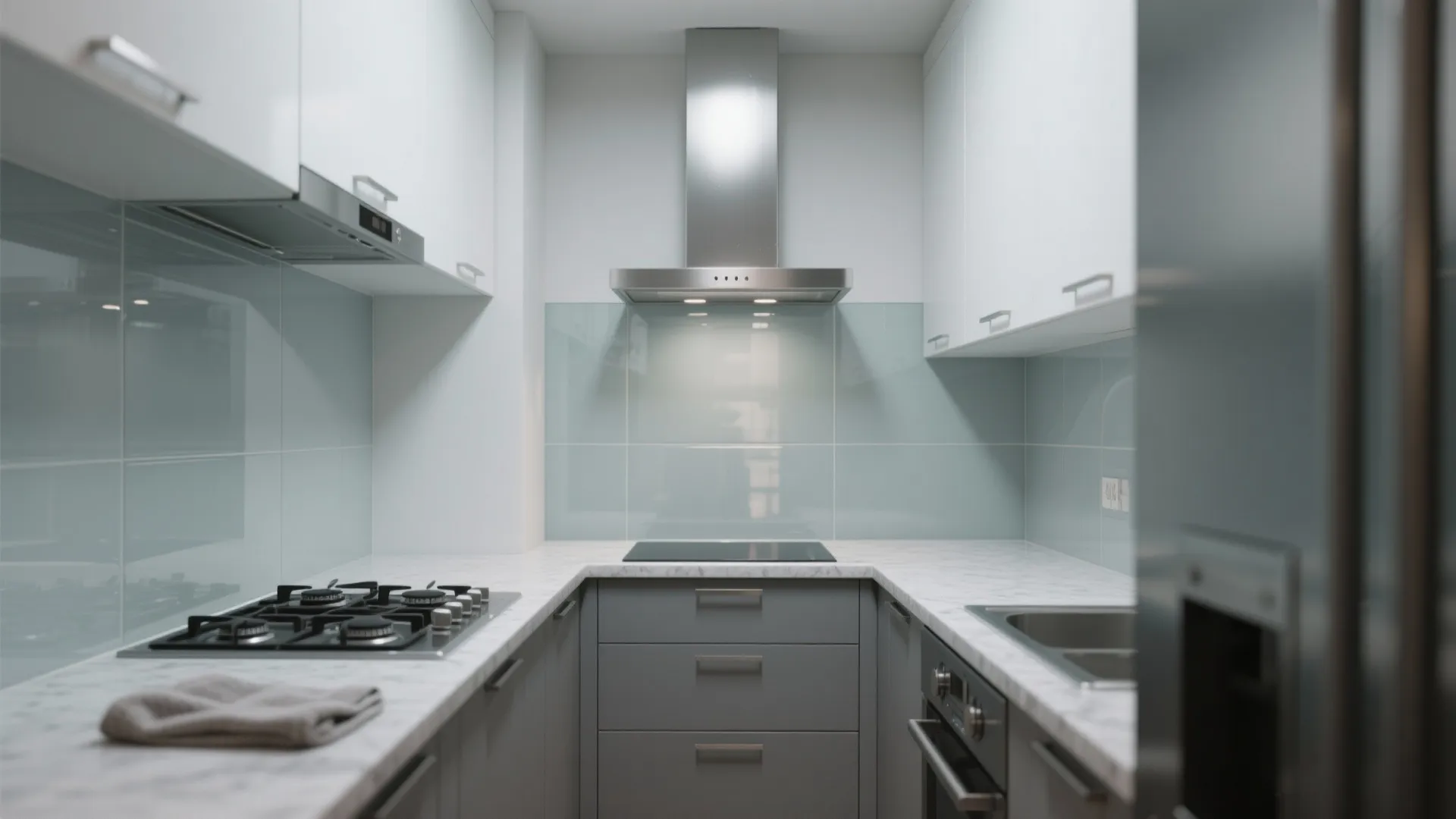 Glass backsplash for depth and easy cleaning