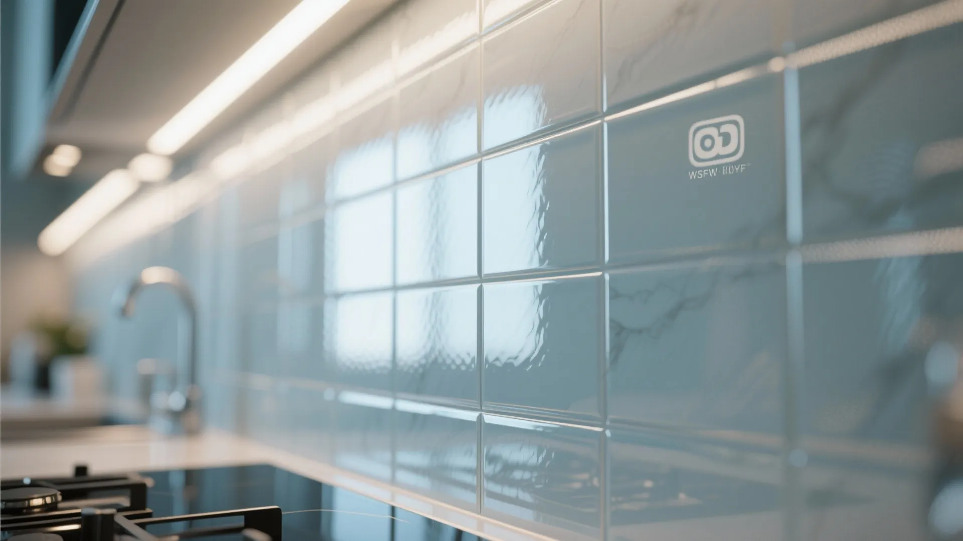 Close-up of shiny light blue kitchen wall tiles with reflective surface and blurred stove foreground