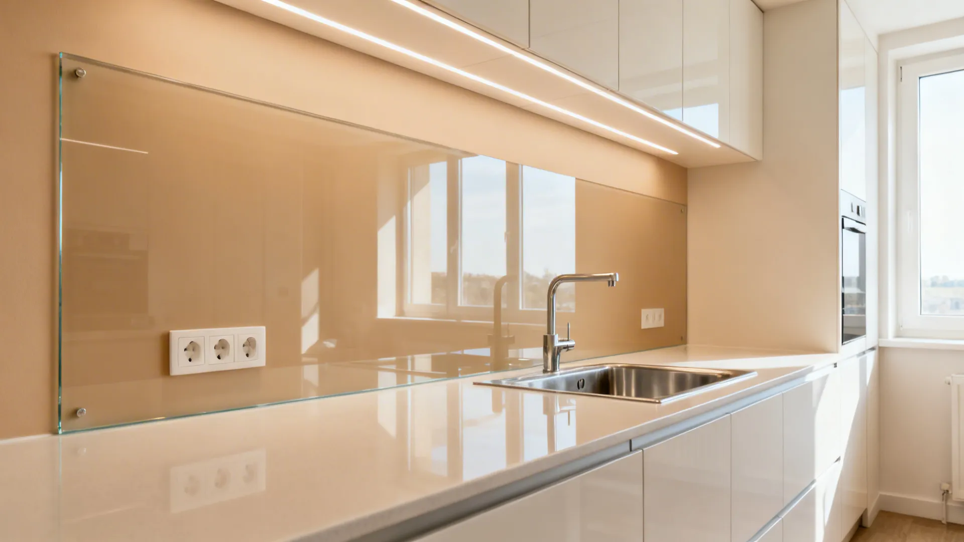 Studio kitchen with seamless low-iron glass backsplash painted to match walls.