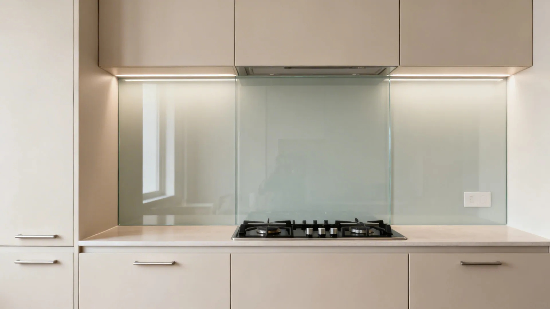 Single-piece low-iron glass backsplash behind a cooktop in a minimalist micro kitchen.