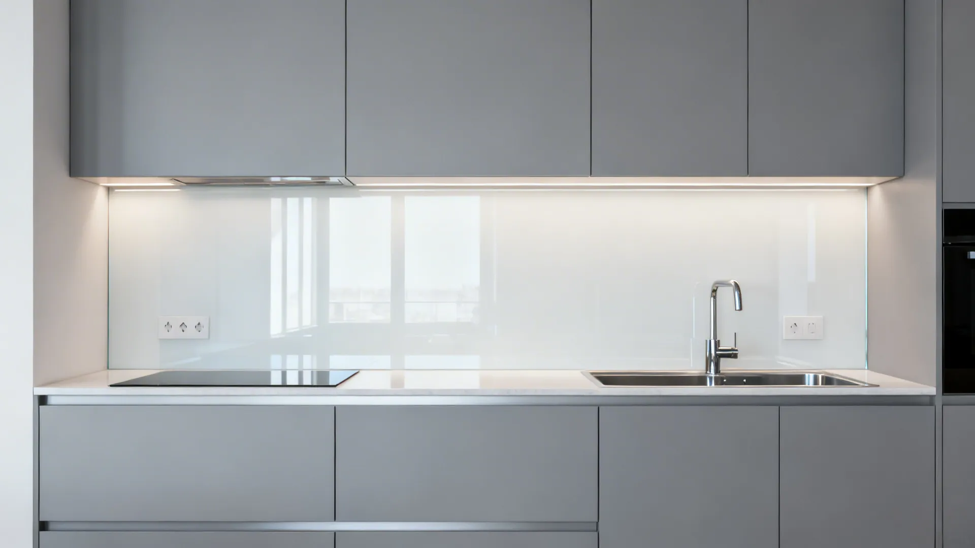 Cool-grey cabinets with a seamless back-painted glass backsplash in warm white.