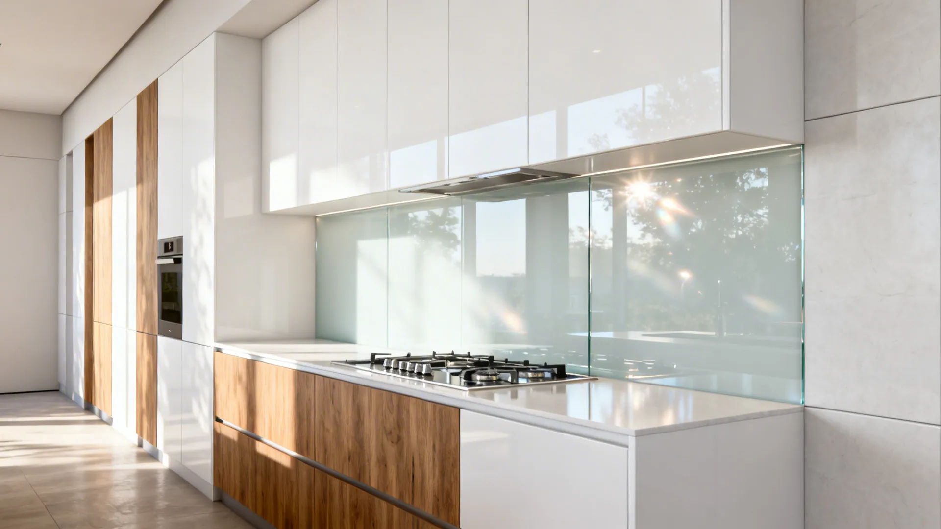 Galley kitchen with a low-iron glass backsplash and large porcelain wall panels.