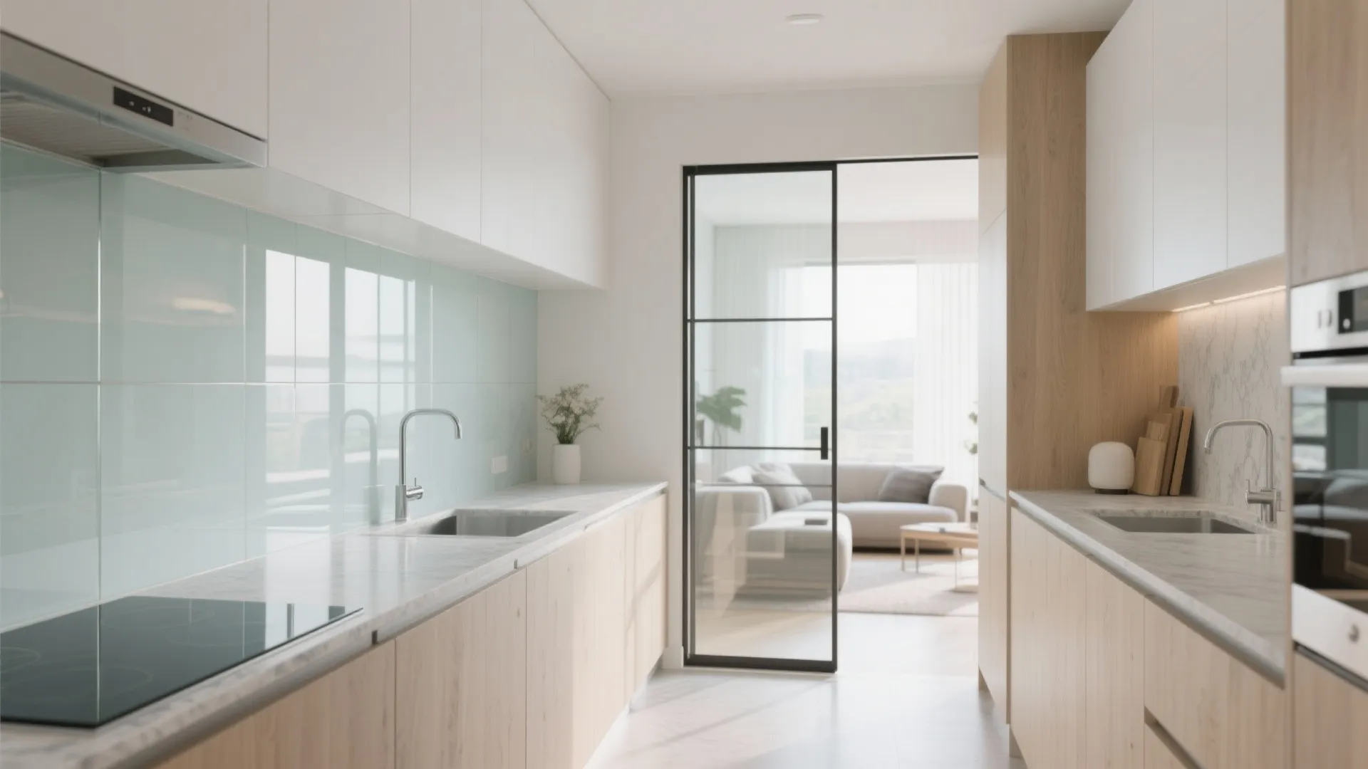 Glass accents for openness: backsplash, partitions, and doors