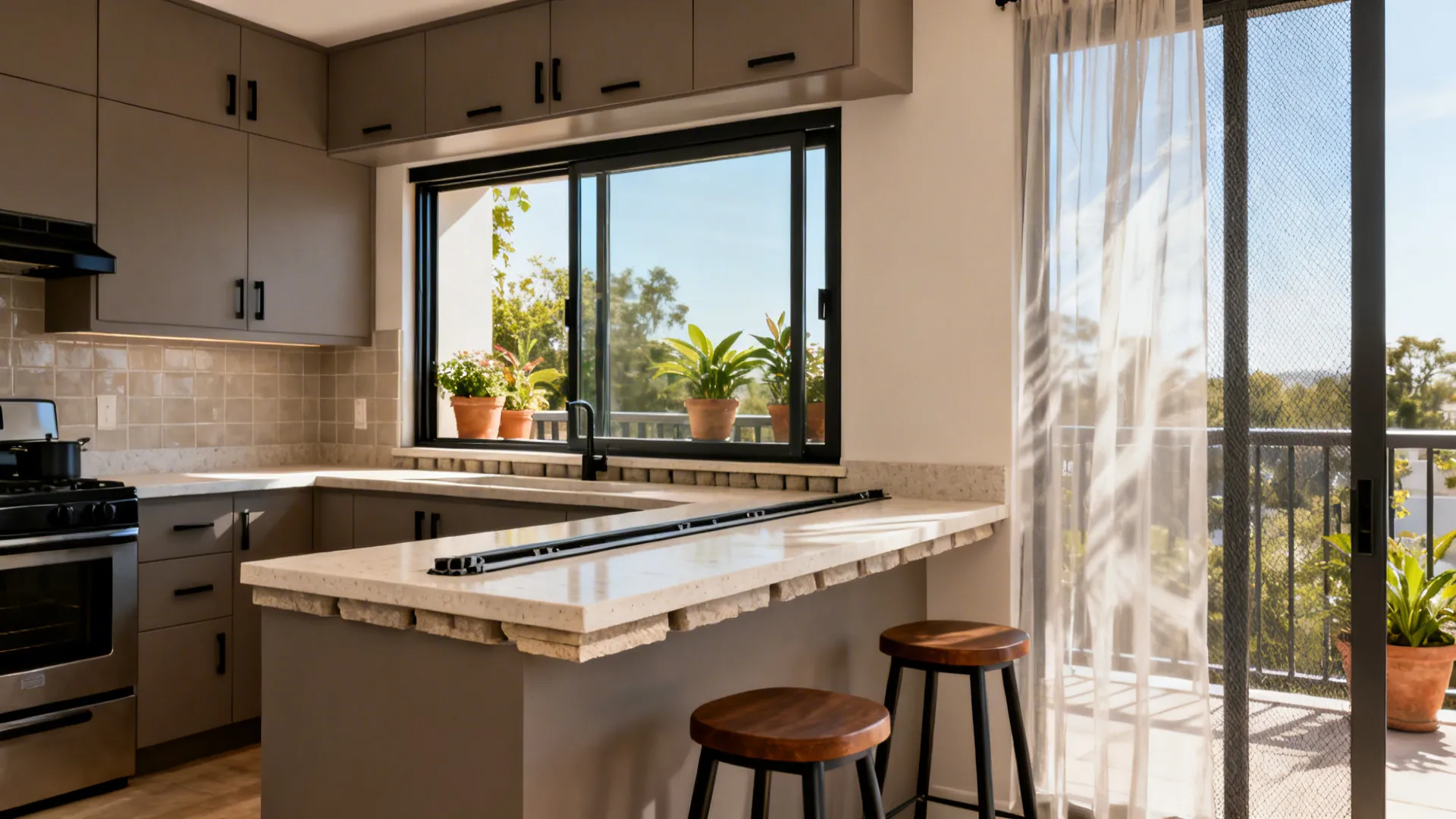 Grey kitchen cabinets with stone countertop and two wooden stools next to a large window