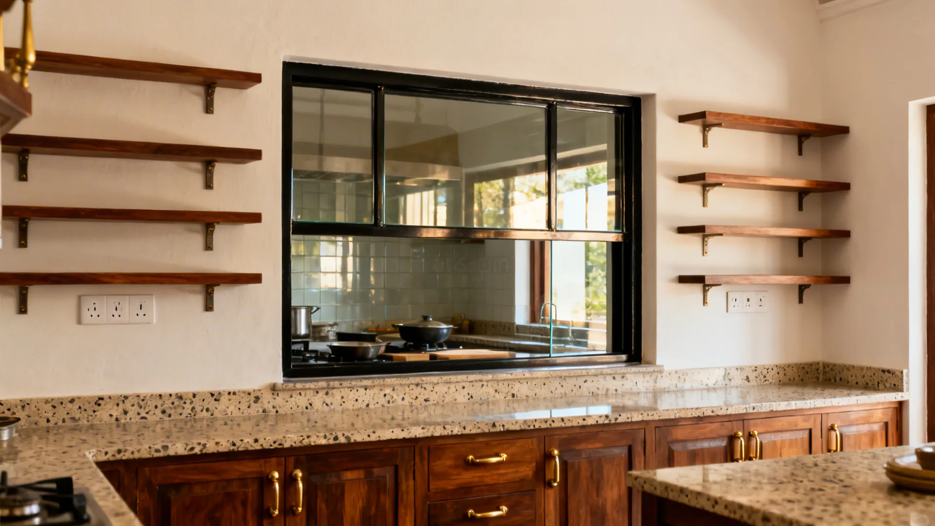 Small Kerala kitchen with a metal-framed pass-through and low-iron glass backsplash reflecting daylight.
