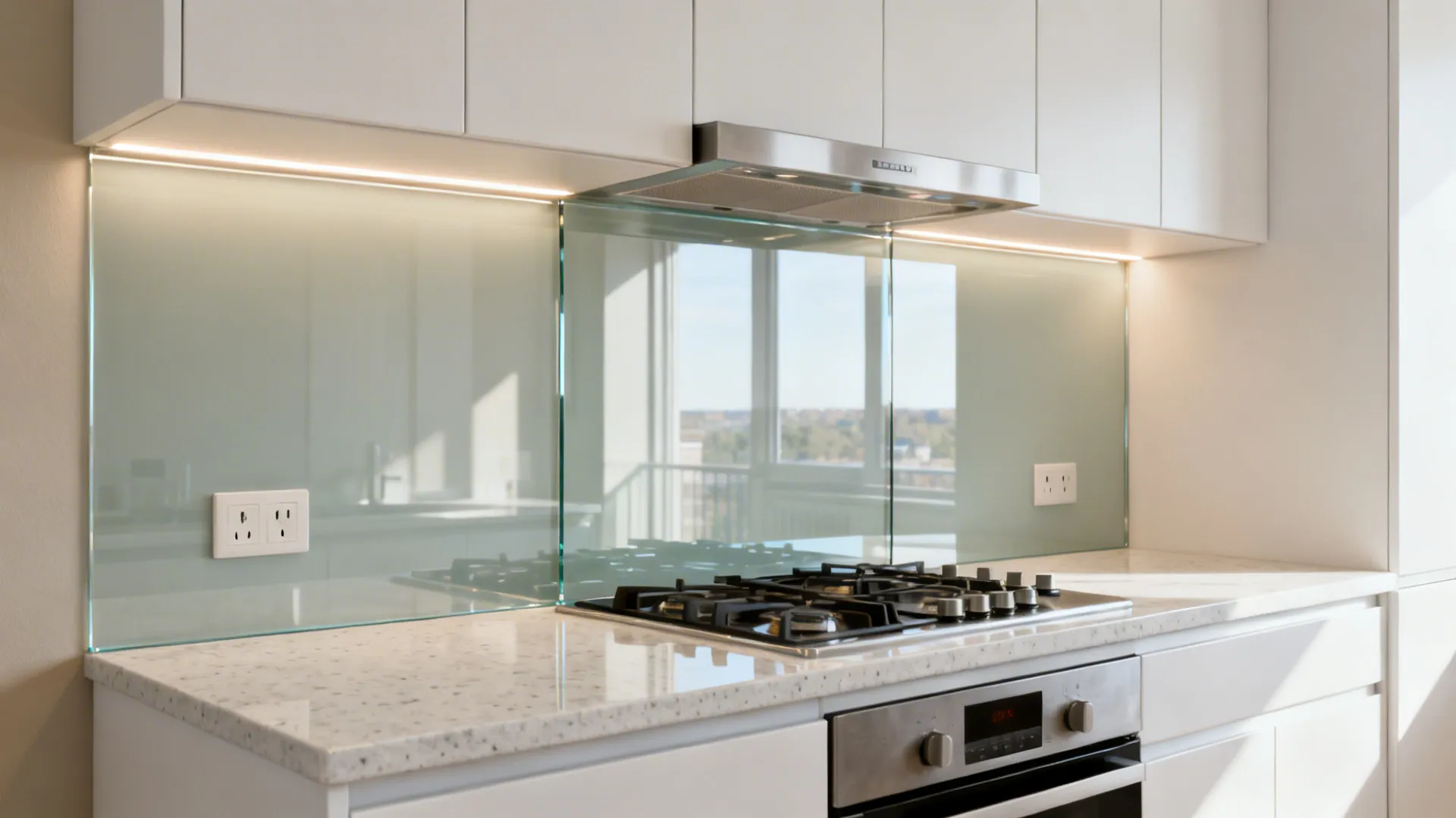 Low-iron tempered glass backsplash reflects light in a compact Pittsburgh kitchen.