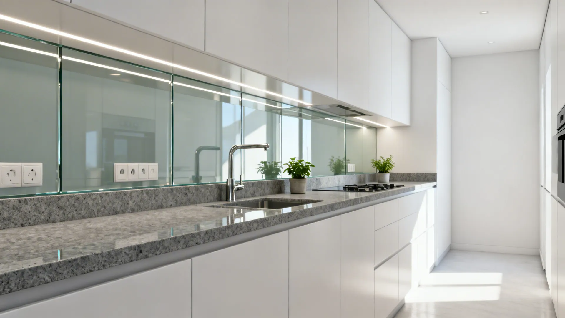 Honed gray quartz counter with low-iron glass backsplash reflecting under-cabinet light in a narrow kitchen.
