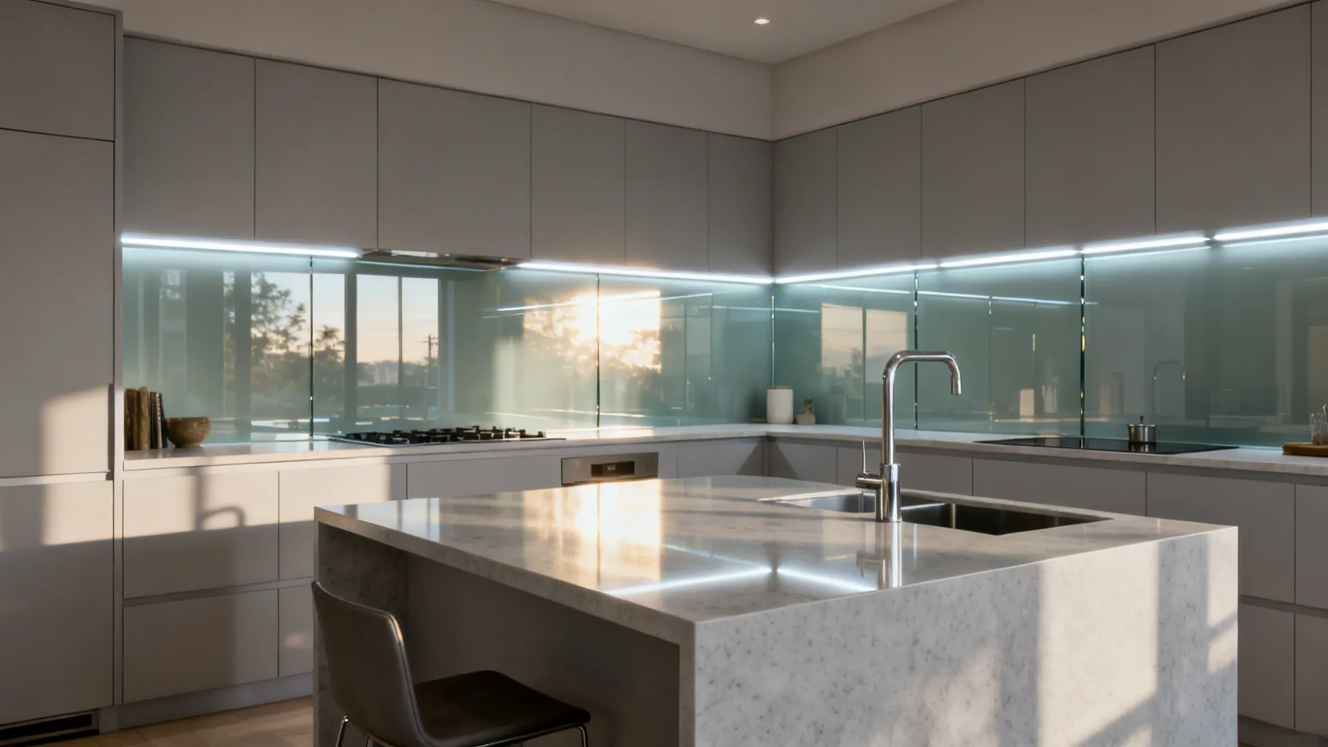 L-shaped kitchen with low-iron glass backsplash and satin quartz island top reflecting soft light.