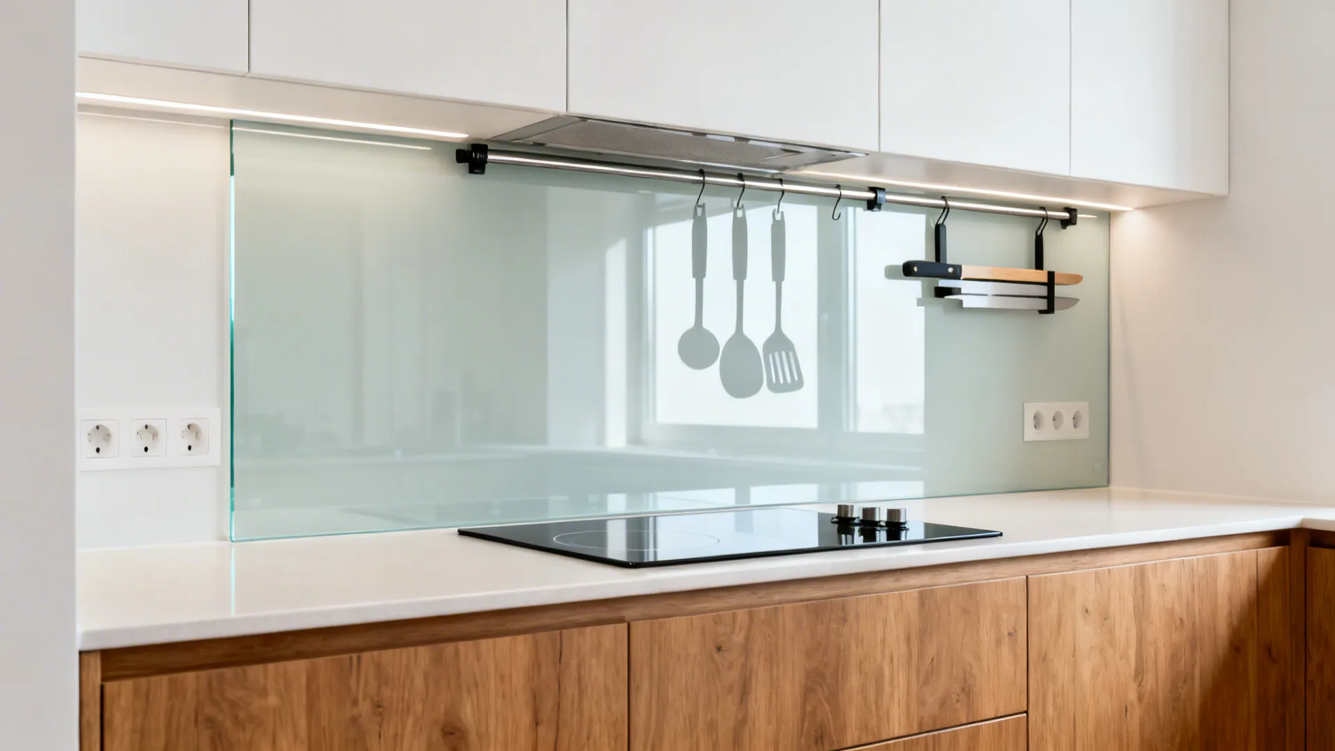 Low-iron tempered glass backsplash reflecting light with a subtle hidden rail system behind.