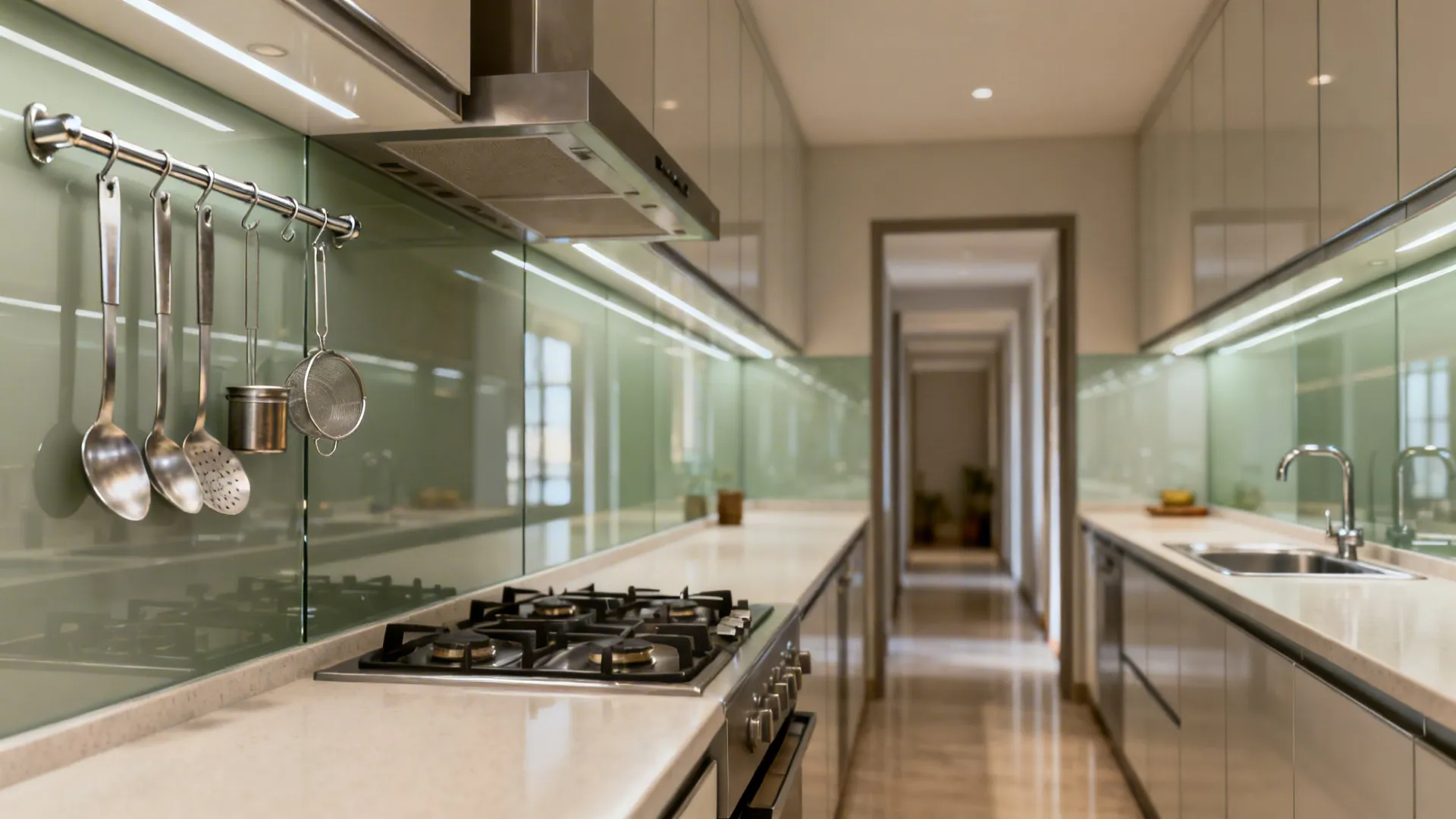 3) Glass backsplash with reflective rails for utensils