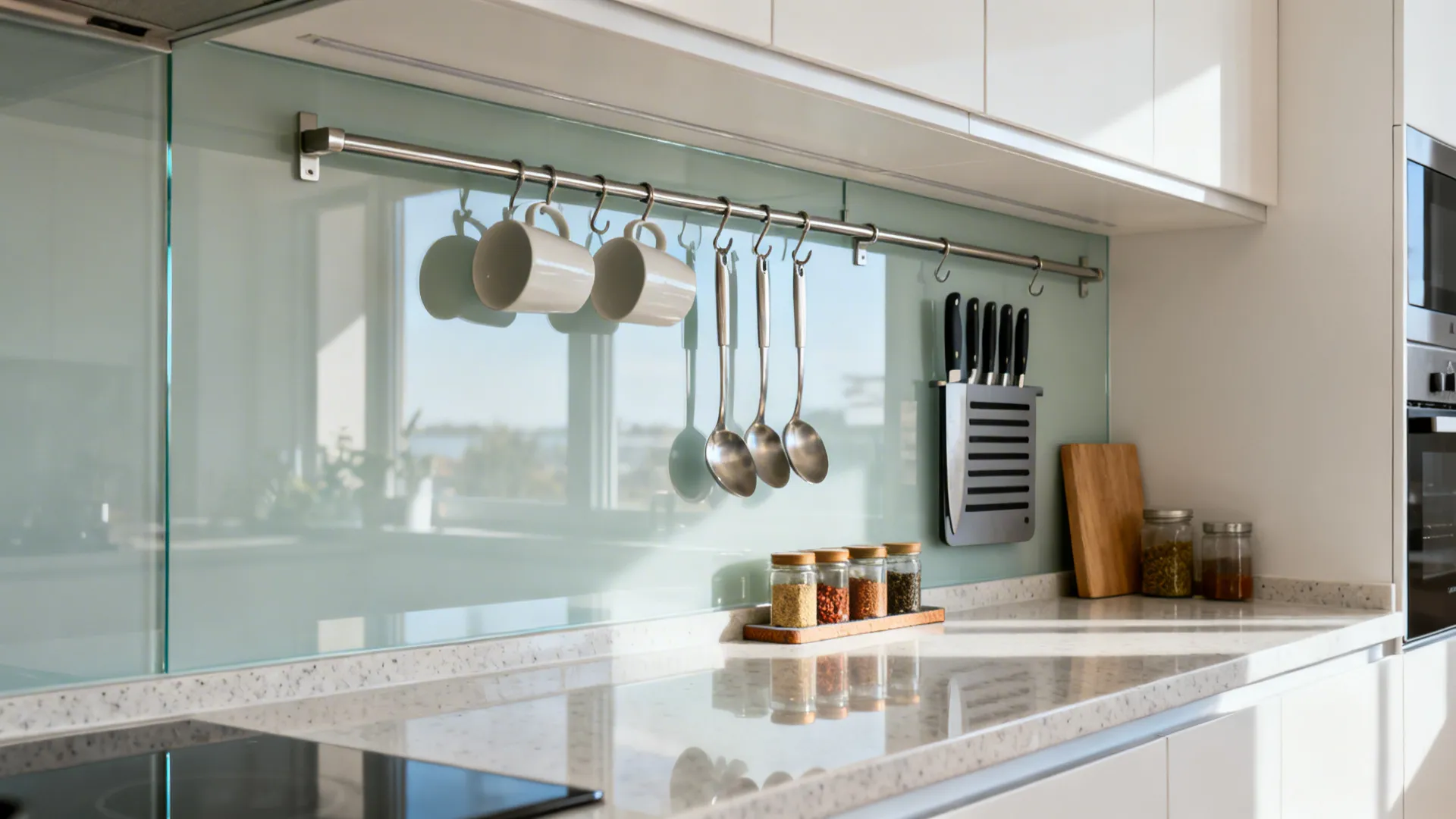 Continuous low-iron glass backsplash with a slim rail holding utensils and spices.