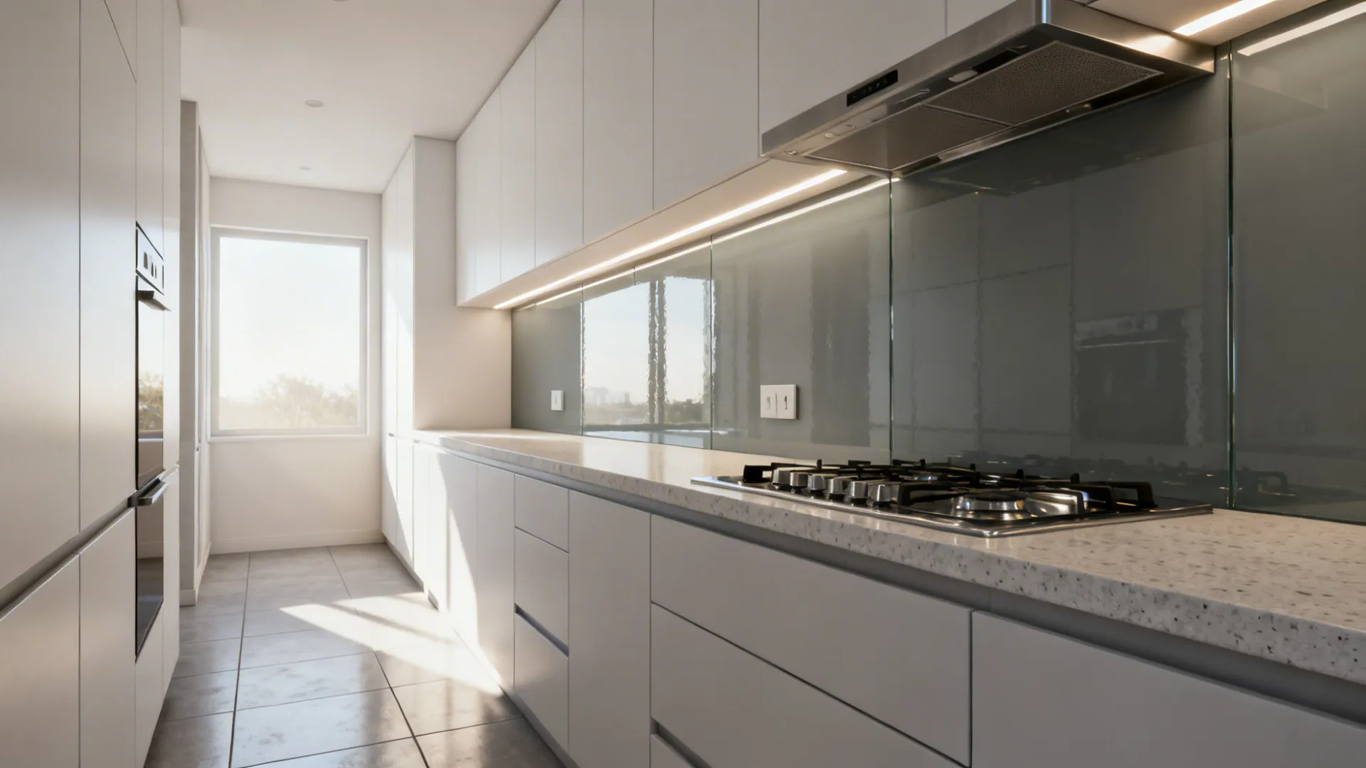 Galley kitchen with gray-tinted glass backsplash and under-cabinet LED light channel reflecting morning light.