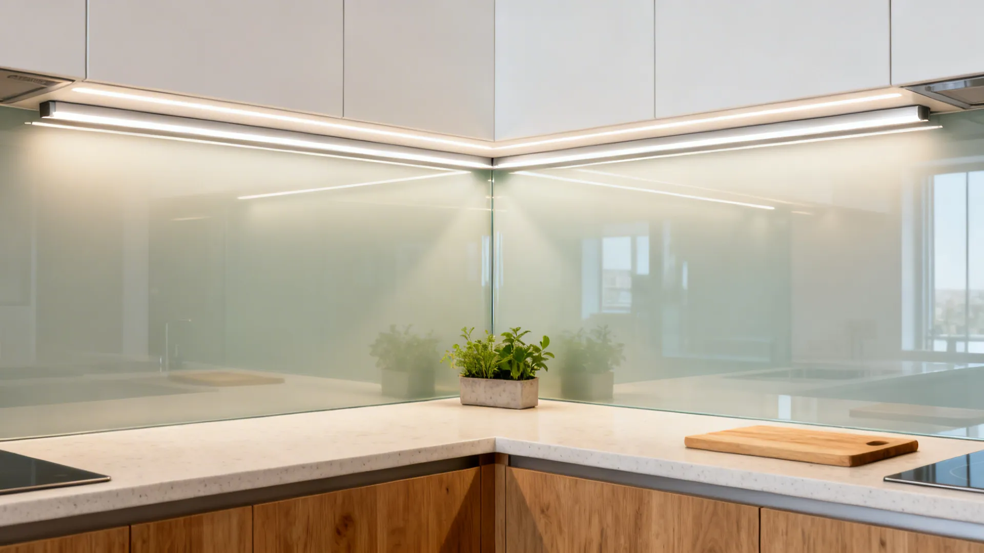 Small kitchen corner with low-iron glass backsplash wrapping the corner and a warm LED light rail.