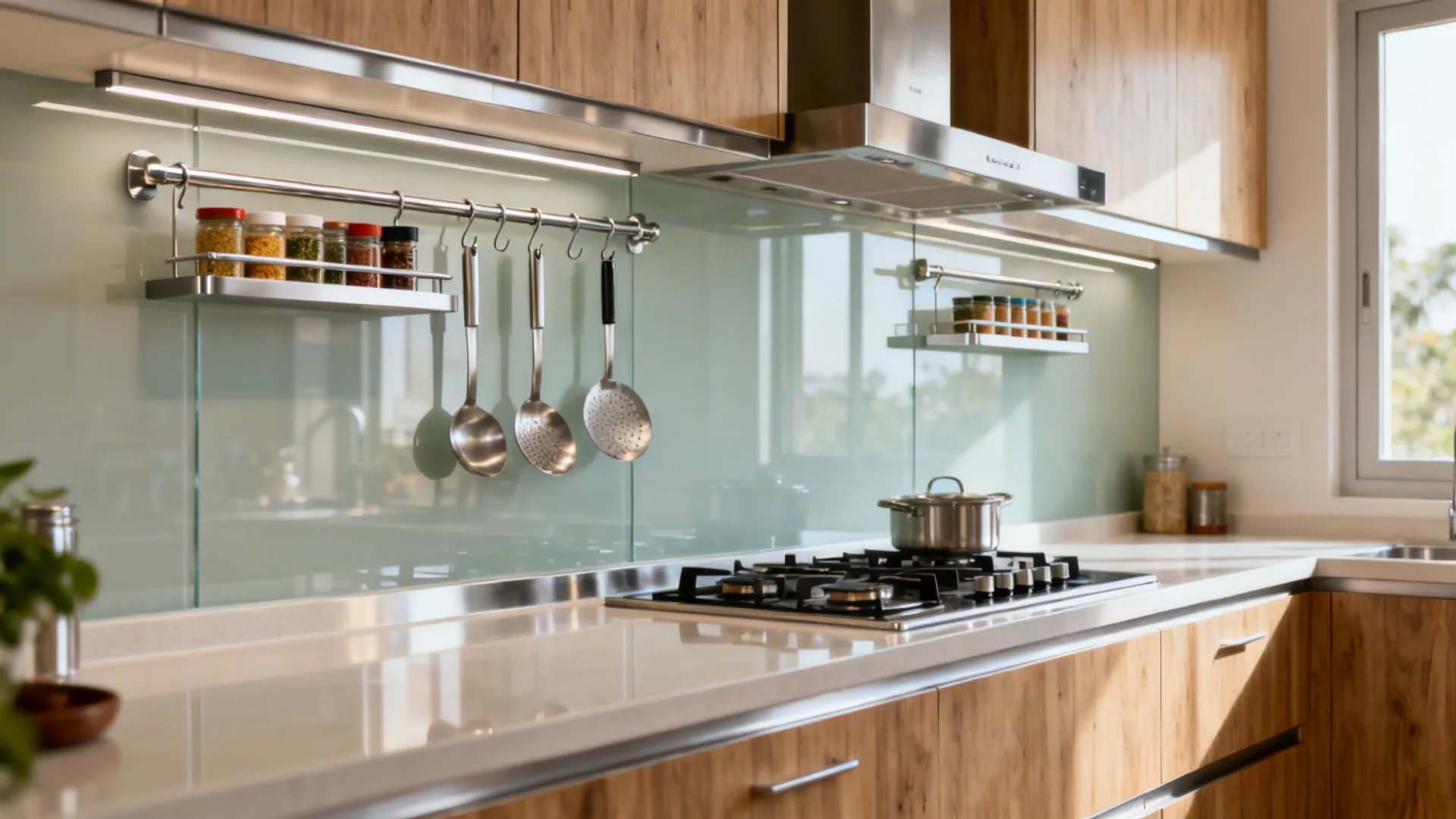 Tempered glass backsplash with stainless rails and slim spice ledges above a hob.