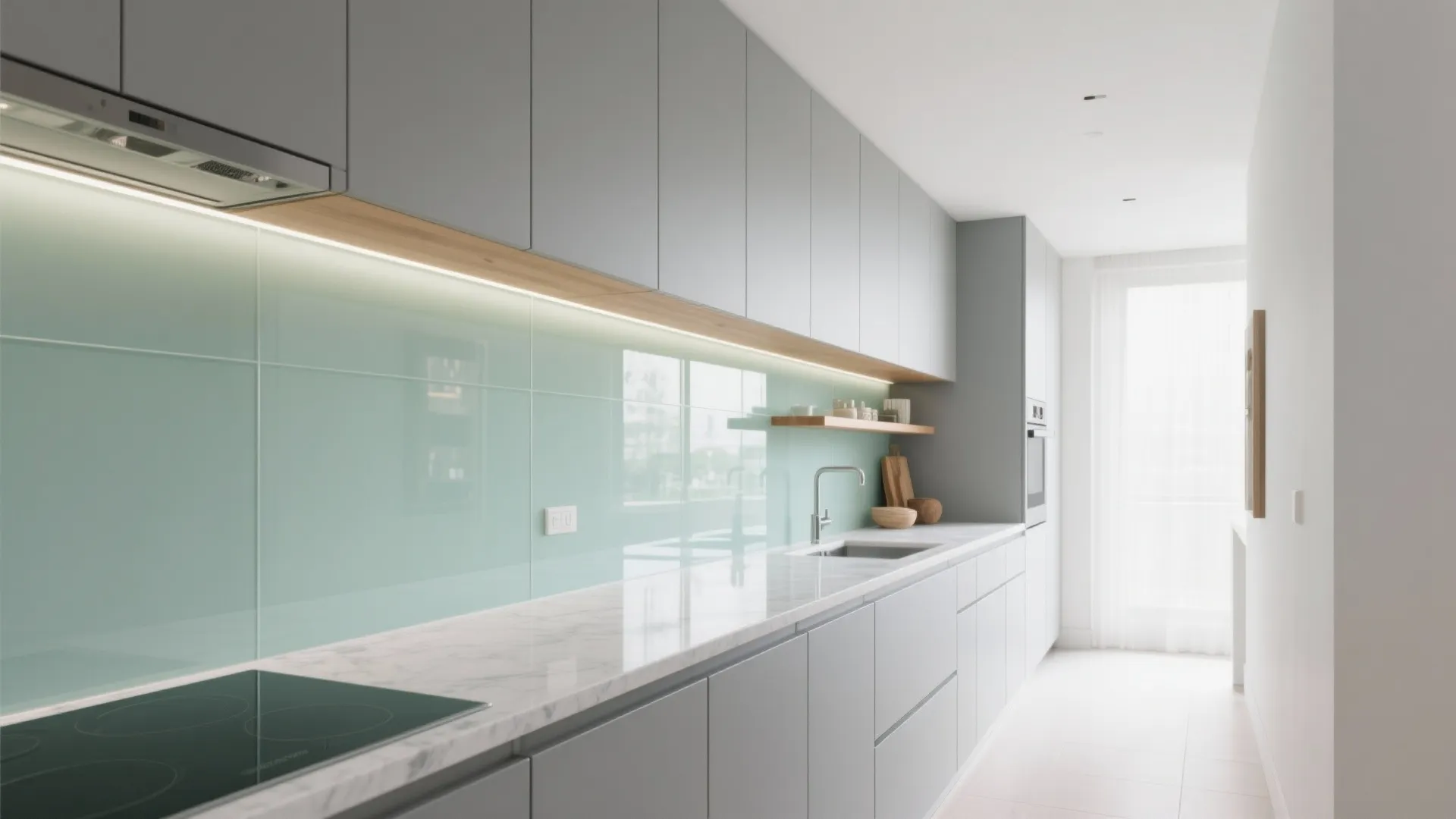 Glass backsplash for clarity and light