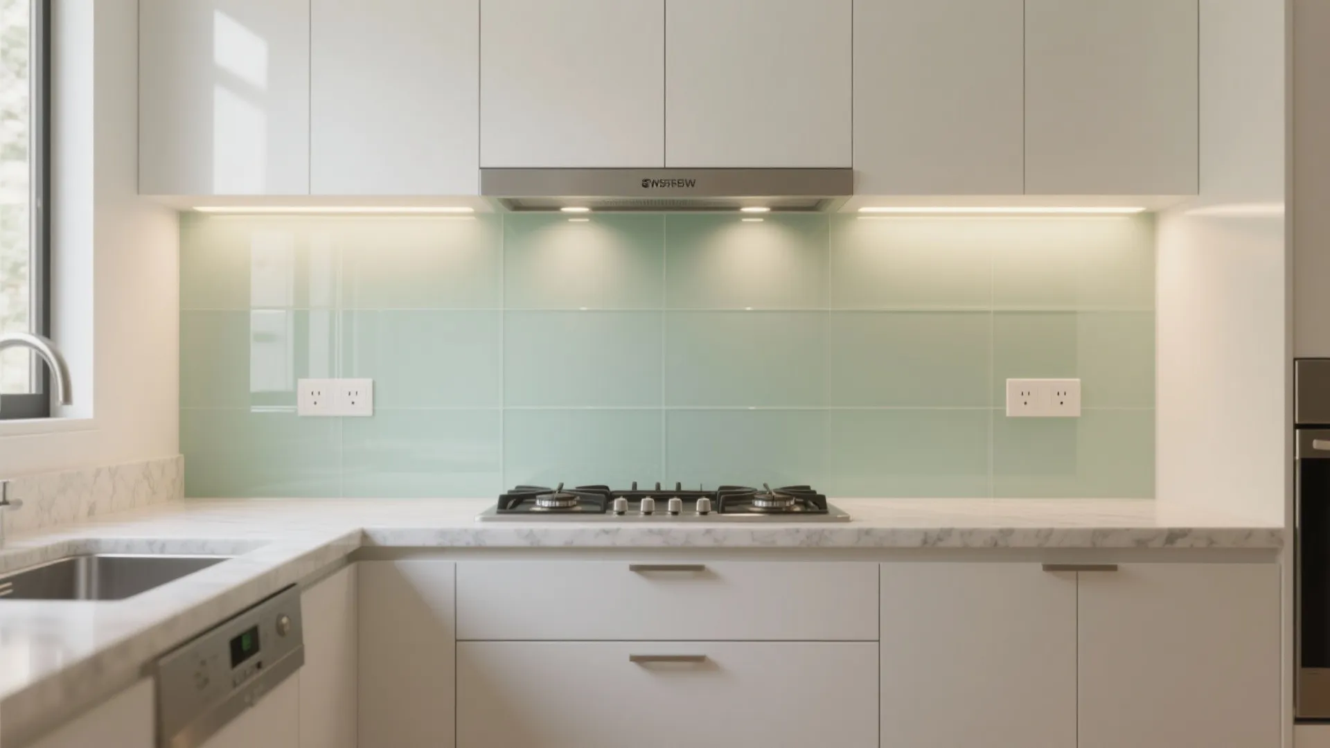 Glass backsplash for light and depth