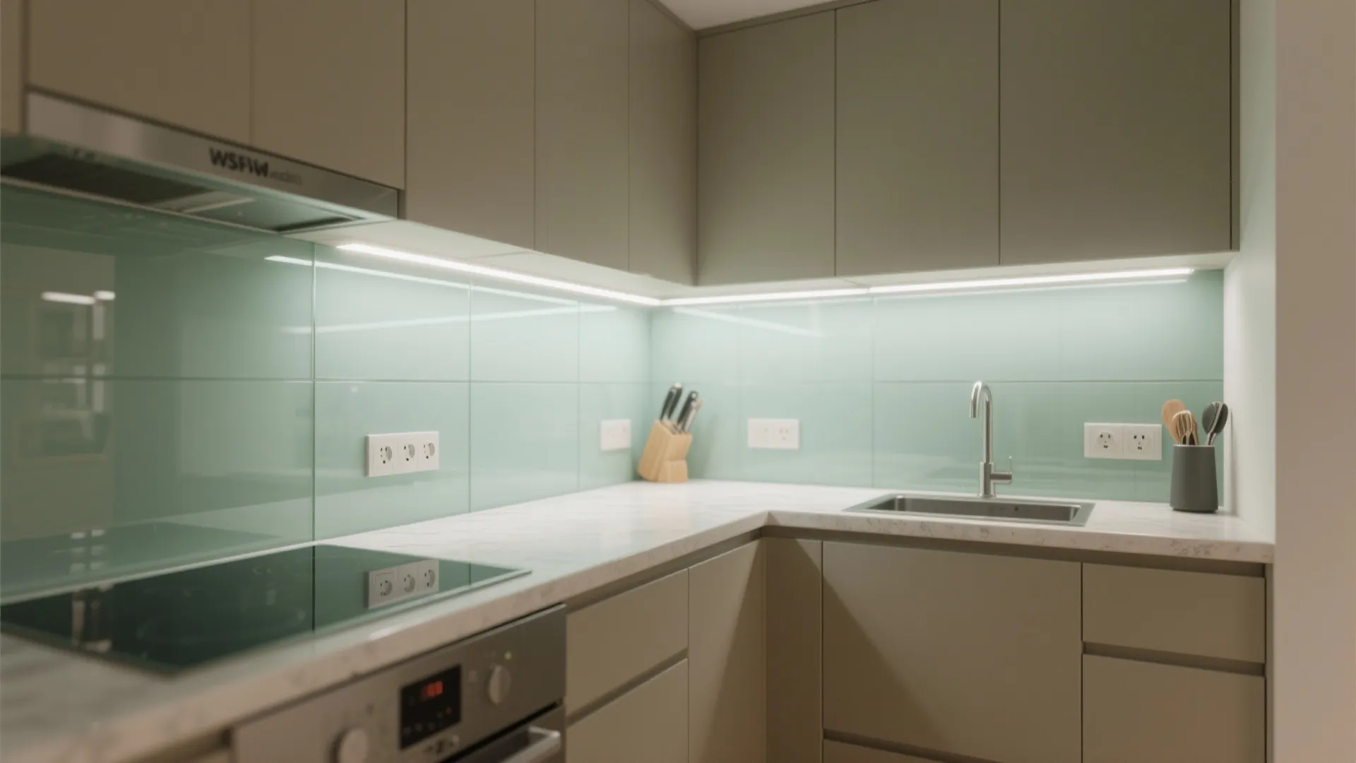 Glass backsplash for light and easy cleaning