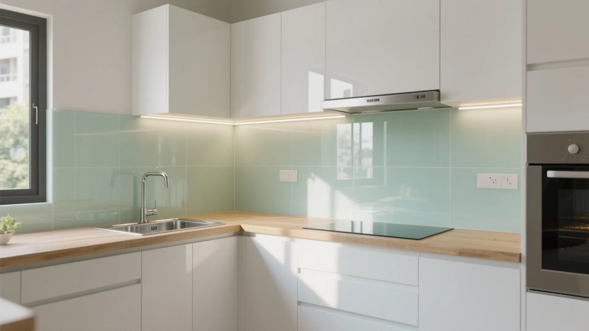 Modern kitchen with pale sage glass backsplash reflecting daylight and LED task lighting