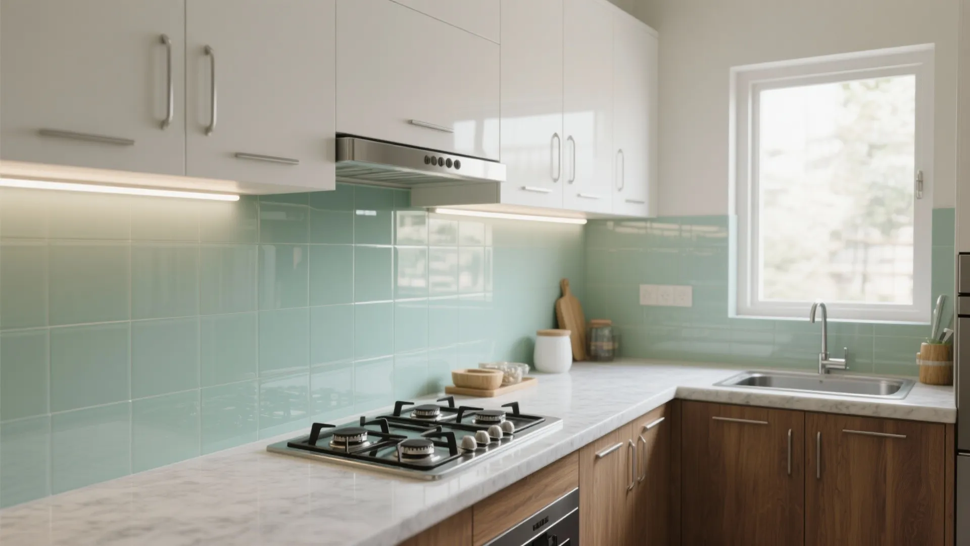 Glass backsplash to brighten compact kitchens