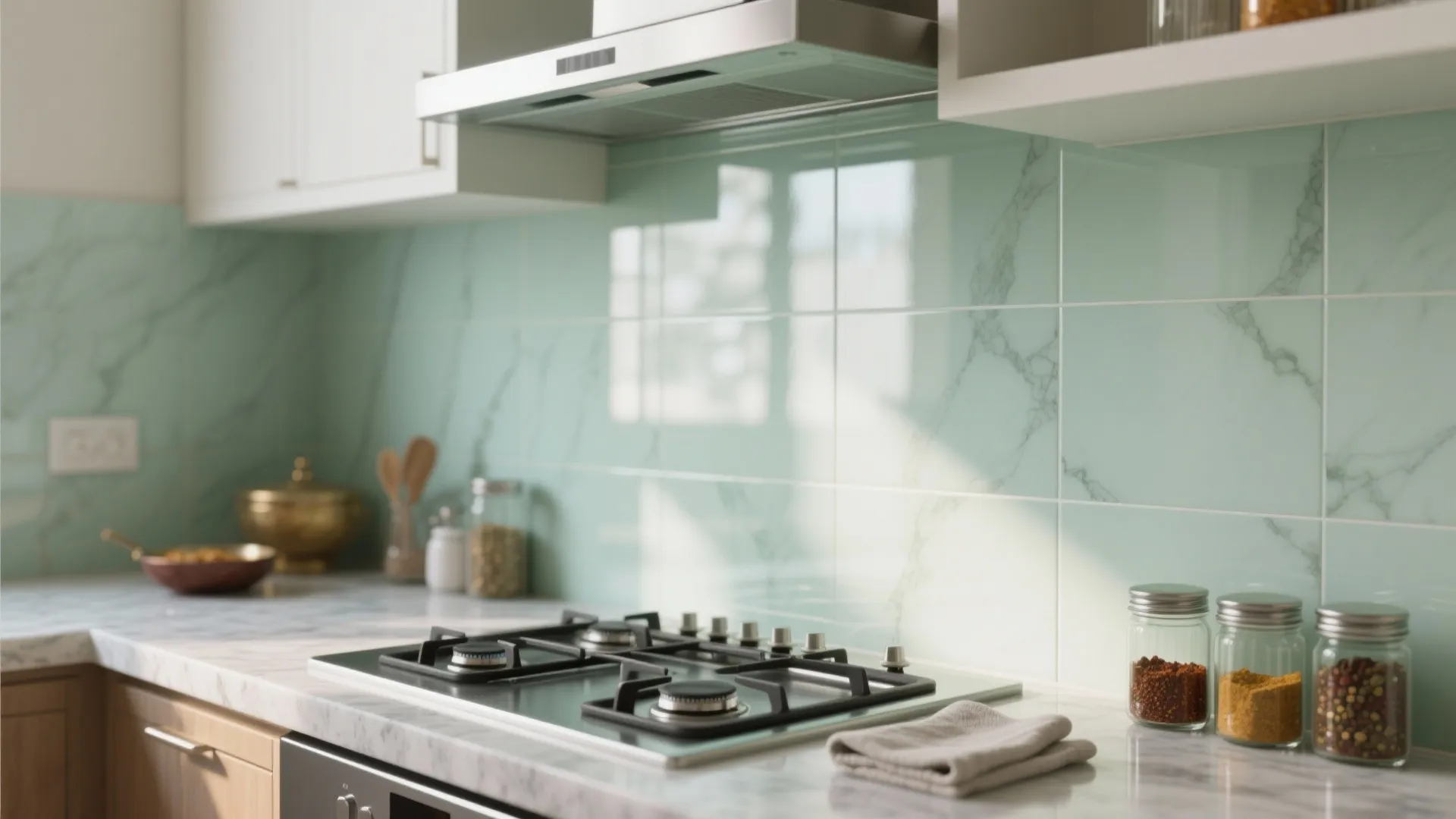 Glass backsplash for brighter, easier-to-clean walls