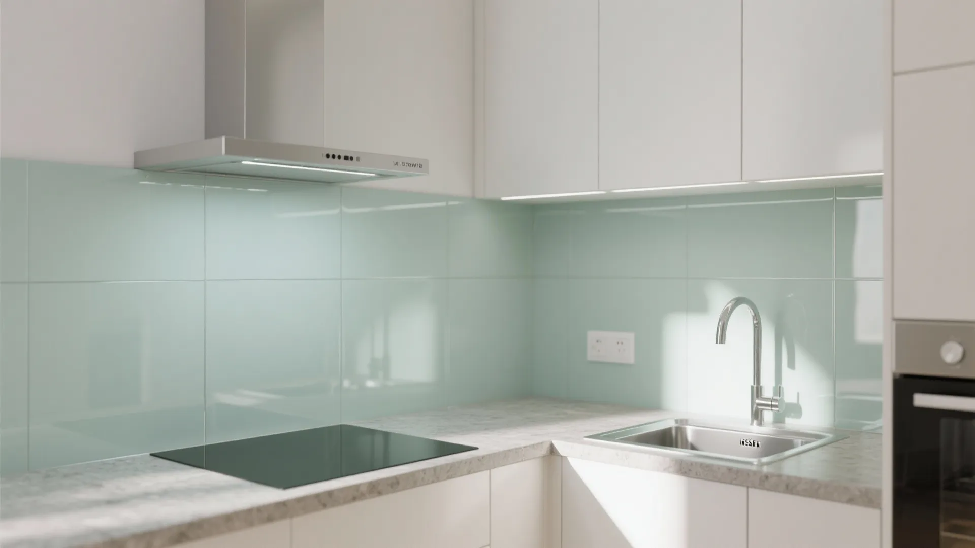 Glass backsplash for depth and easy cleaning