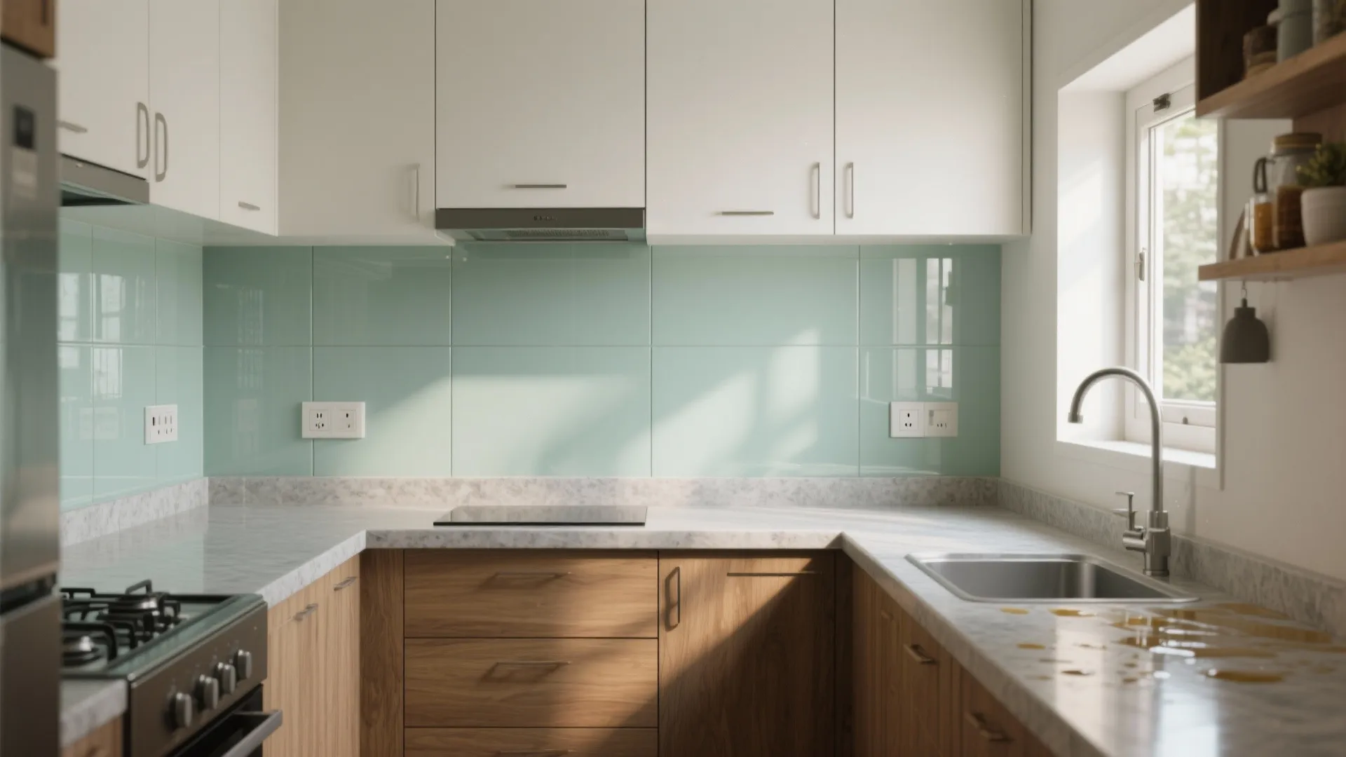 L-shaped kitchen with wood cabinets white upper units light green glass backsplash and silver sink faucet