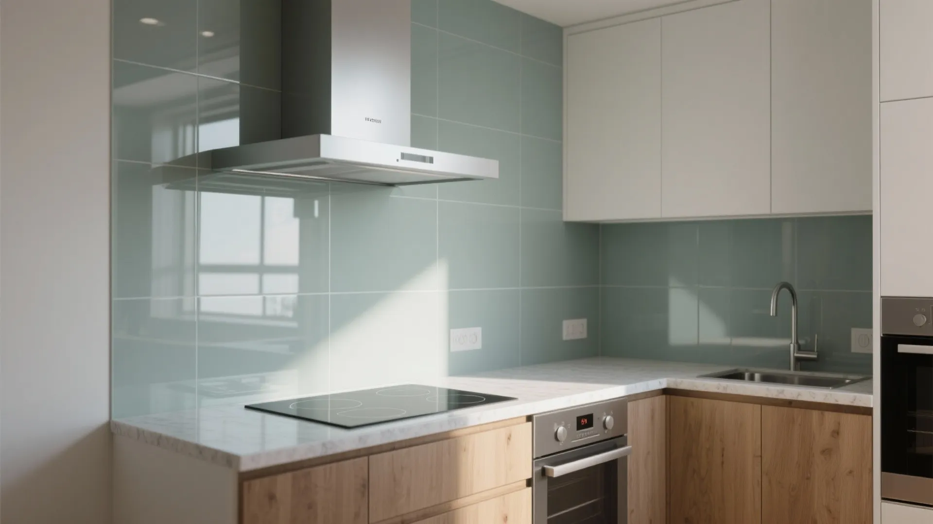 Glass backsplash to brighten compact kitchens