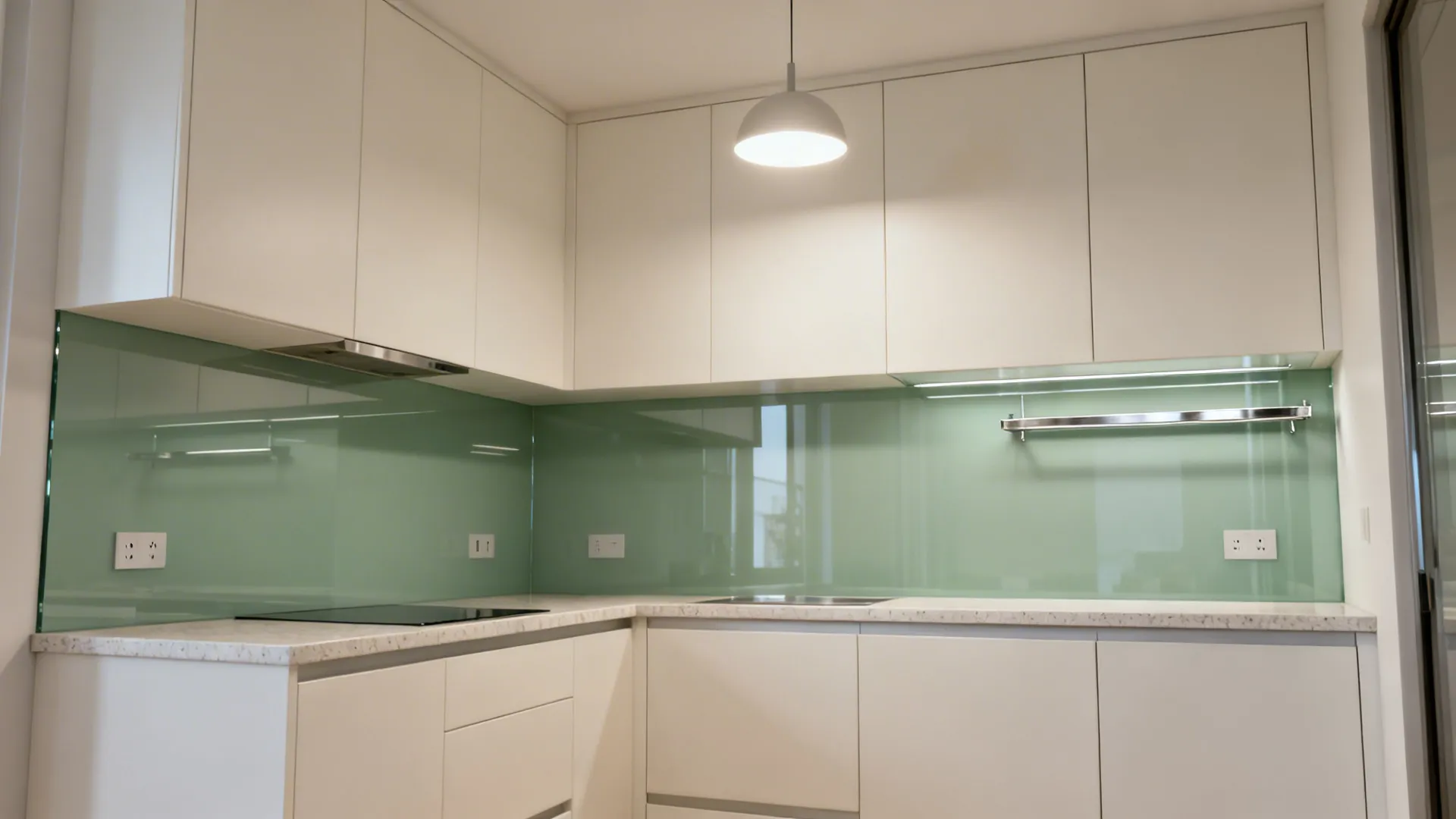 Seamless sage back-painted glass backsplash in a small kitchenette with clean white cabinets.