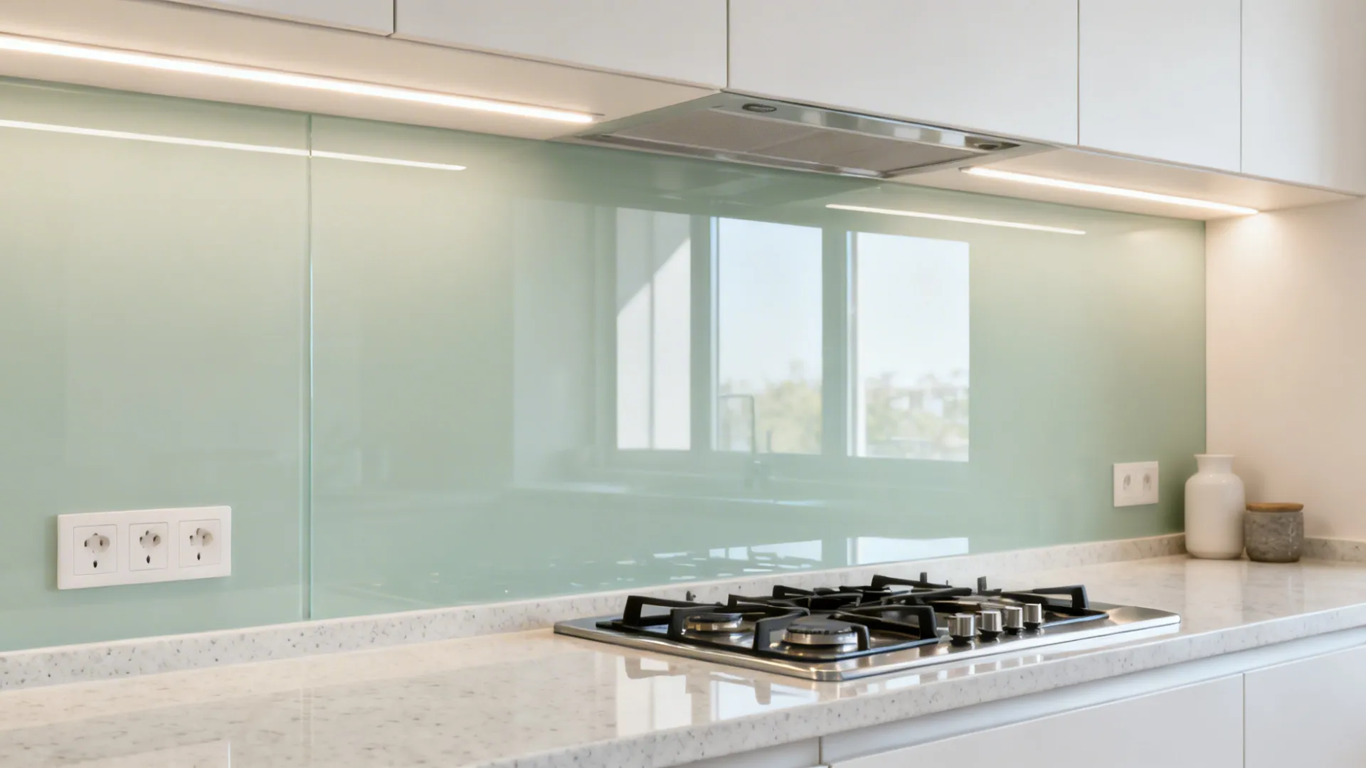 Pale sage back-painted glass backsplash reflecting soft daylight under LED strips in a compact kitchen.