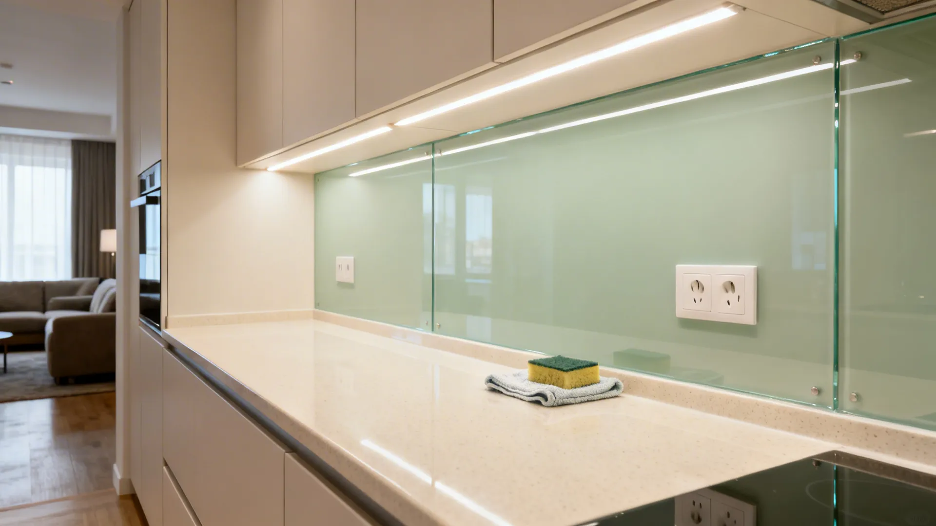 Pale sage low-iron glass backsplash reflecting light above a light quartz counter.