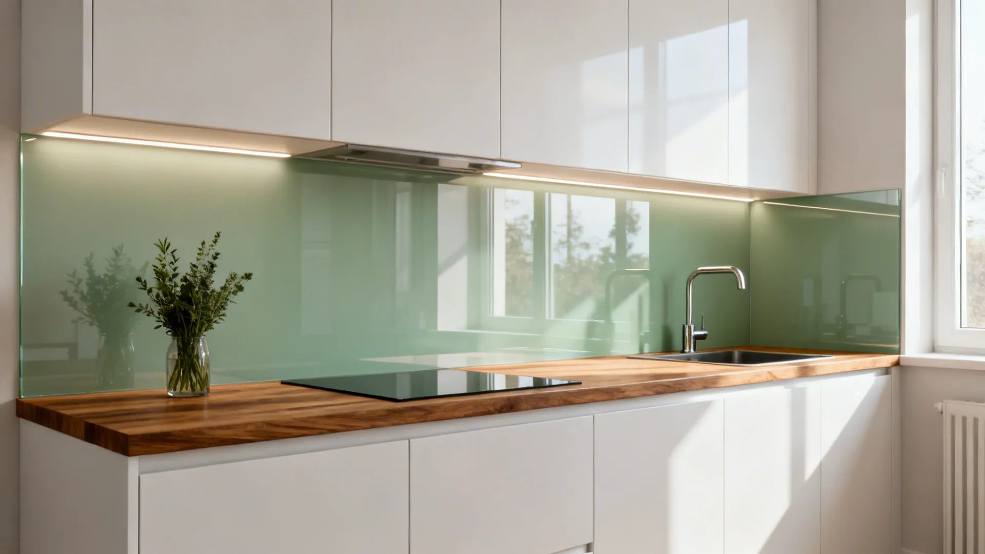 Back-painted sage glass backsplash reflecting soft daylight above an oak countertop in a small kitchen.