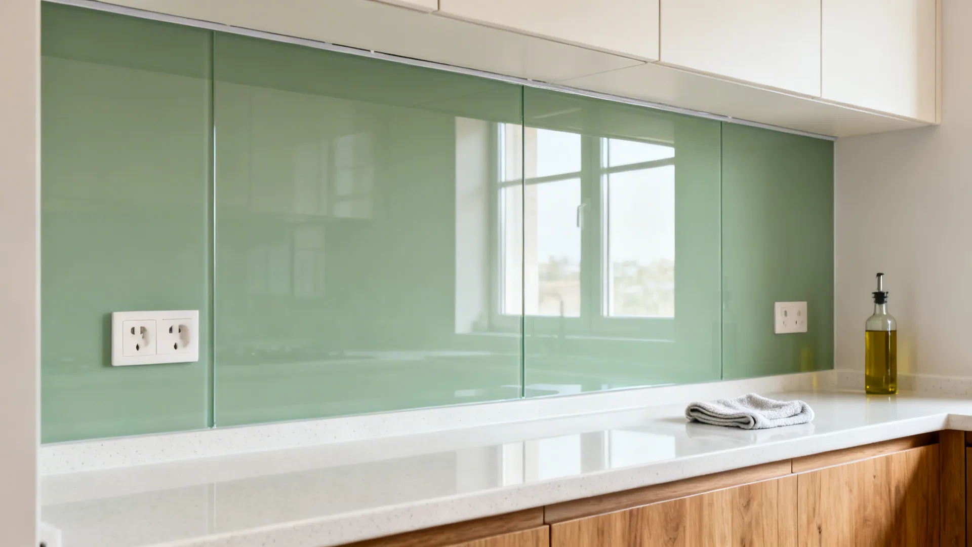 Soft sage tempered glass backsplash reflecting light above a white quartz counter.
