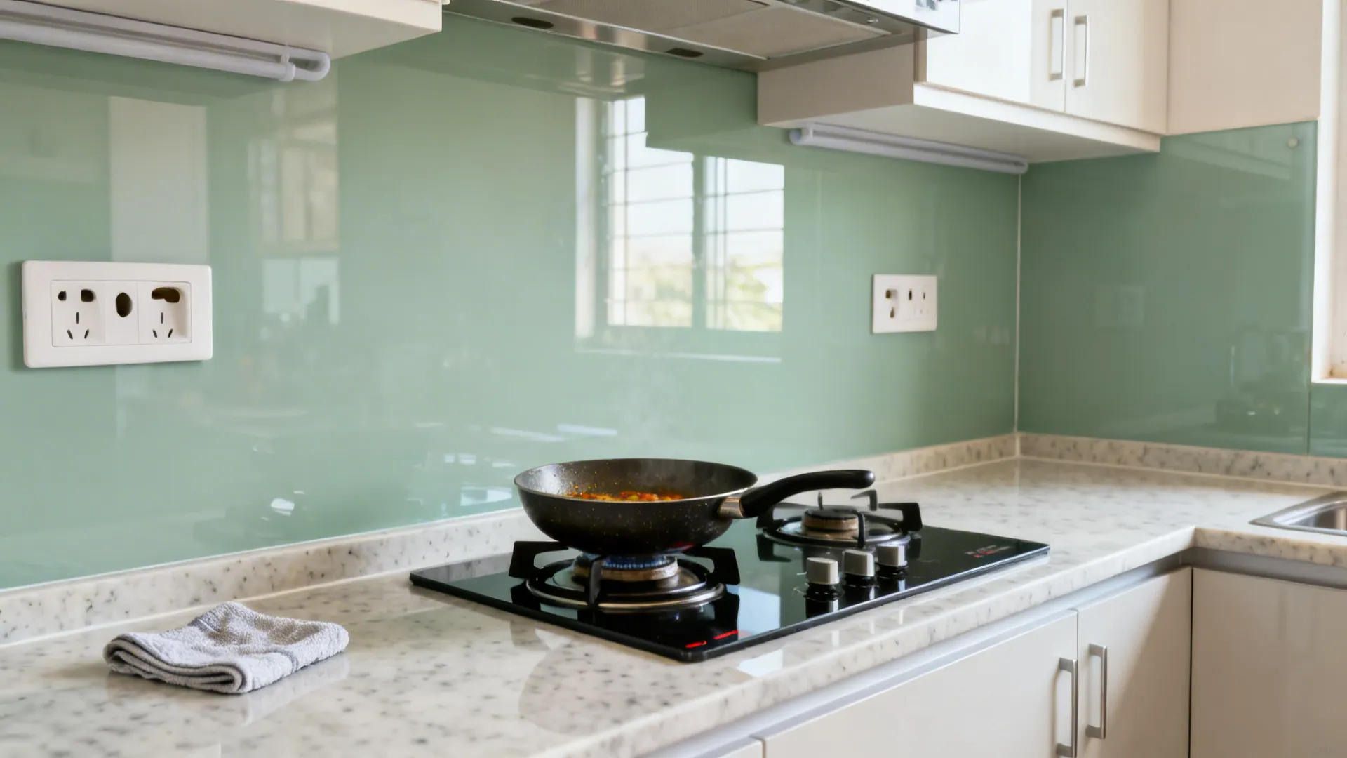 Sage green glass kitchen wall with white marble counter black gas stove and cooking pan