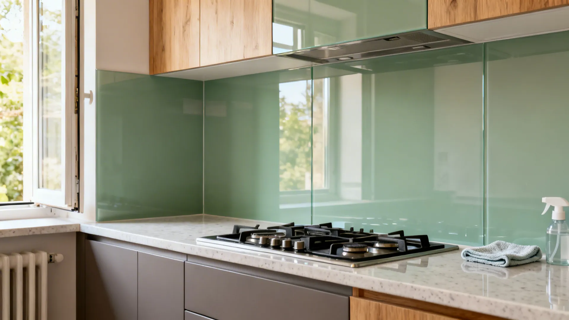 Glass backsplash to bounce light and protect walls
