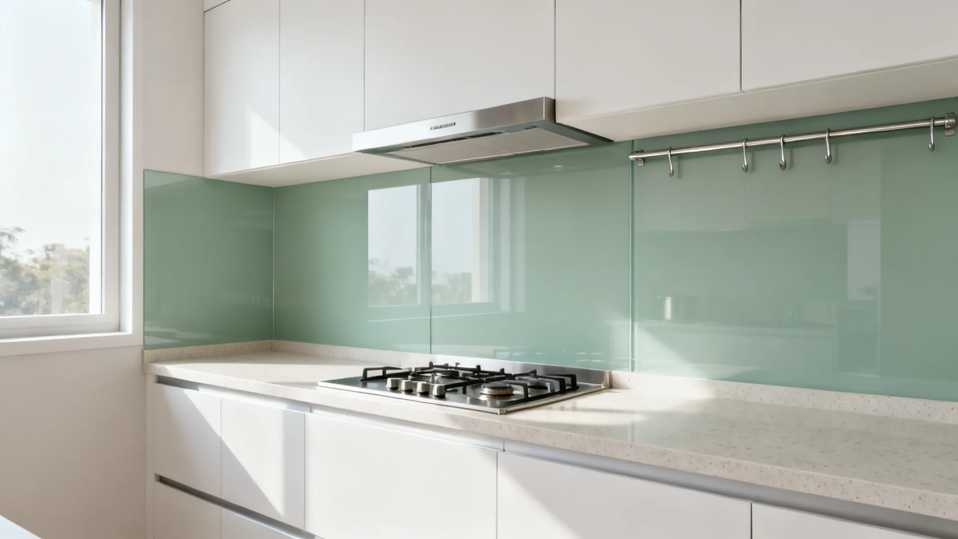 Small kitchen with low-iron soft sage glass backsplash reflecting light and adding depth.