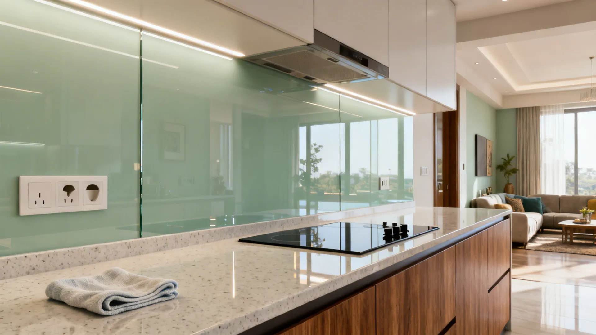 Pale sage back-painted glass backsplash reflecting light above a clean quartz counter.