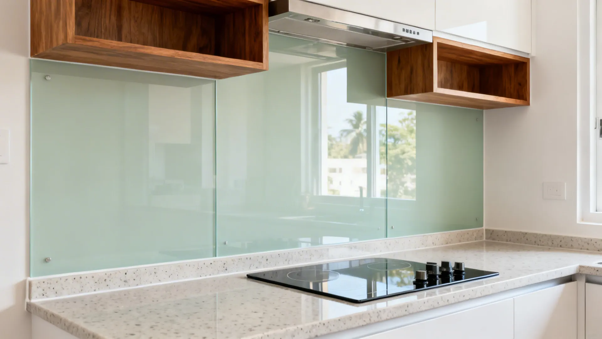 Compact kitchen with a pale sage glass backsplash reflecting soft daylight and teak shelves.