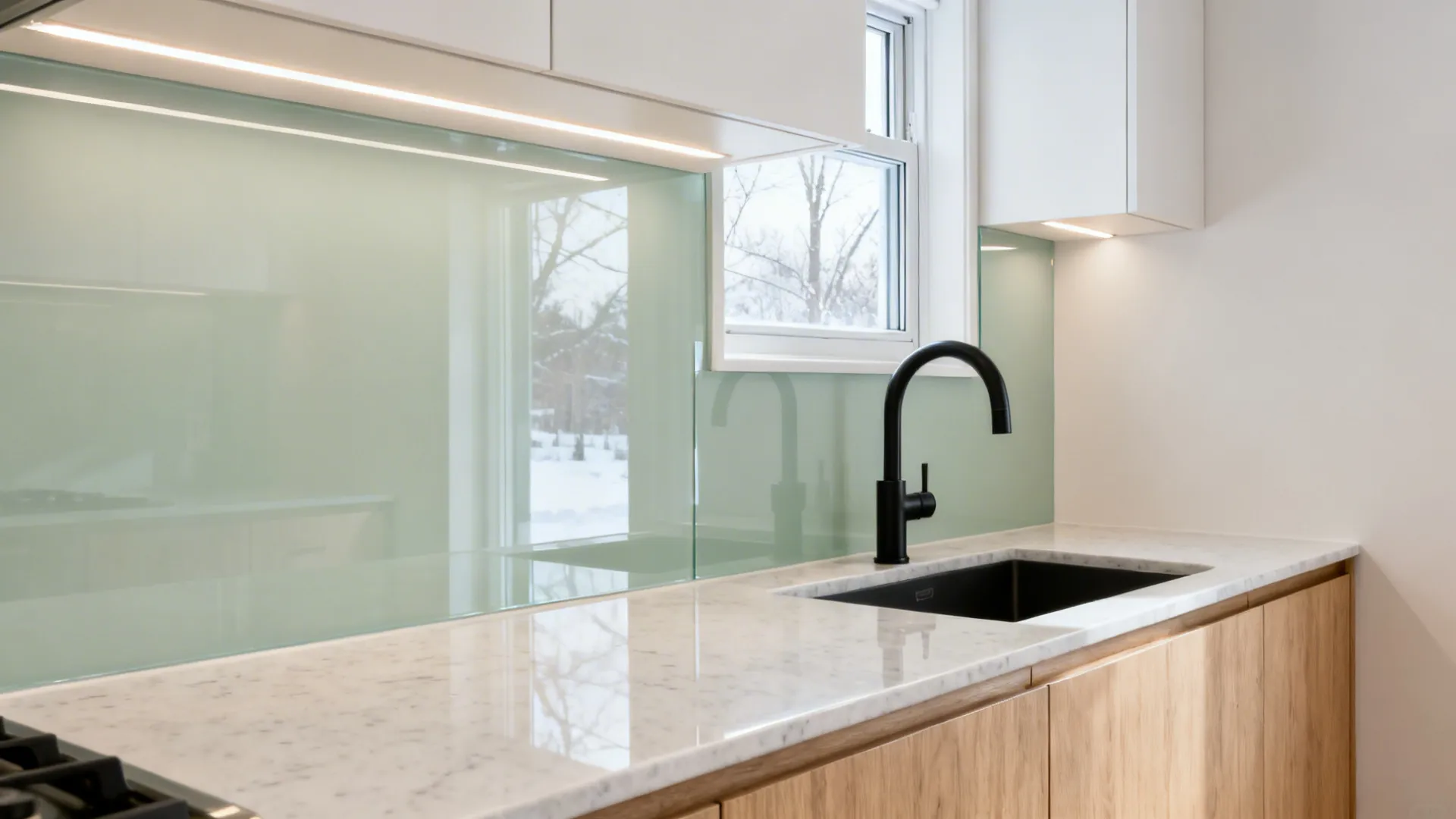 Glass backsplash for brighter, snow-season light
