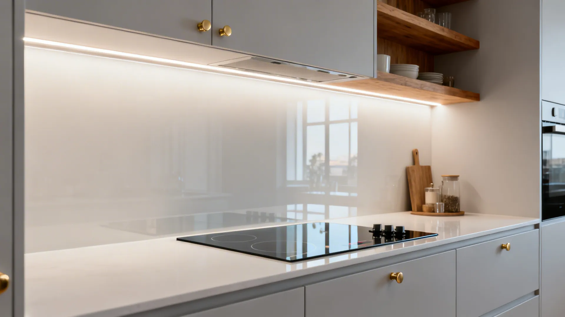 Seamless back-painted low-iron glass backsplash reflecting soft LED light in a modern kitchen.