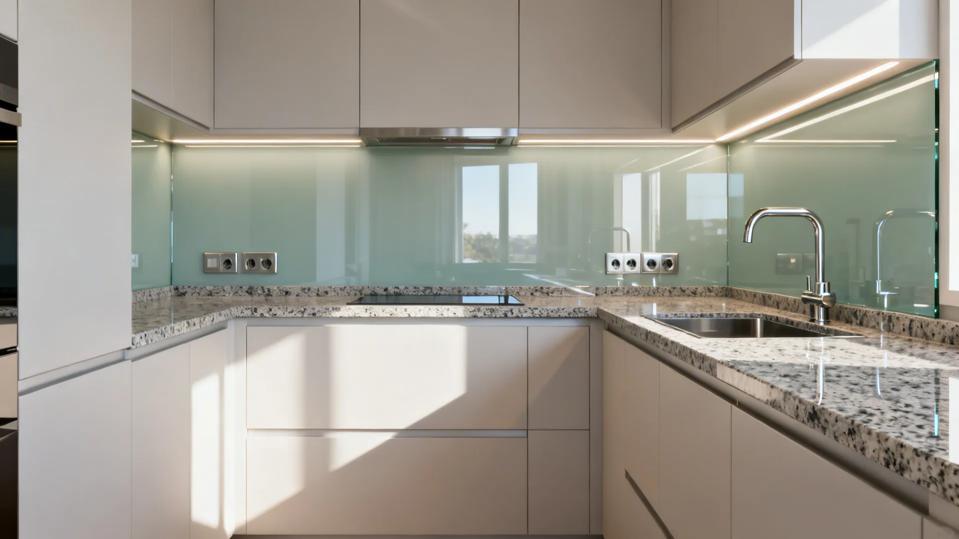 U-shaped small kitchen with low-iron glass backsplash and salt-and-pepper granite.