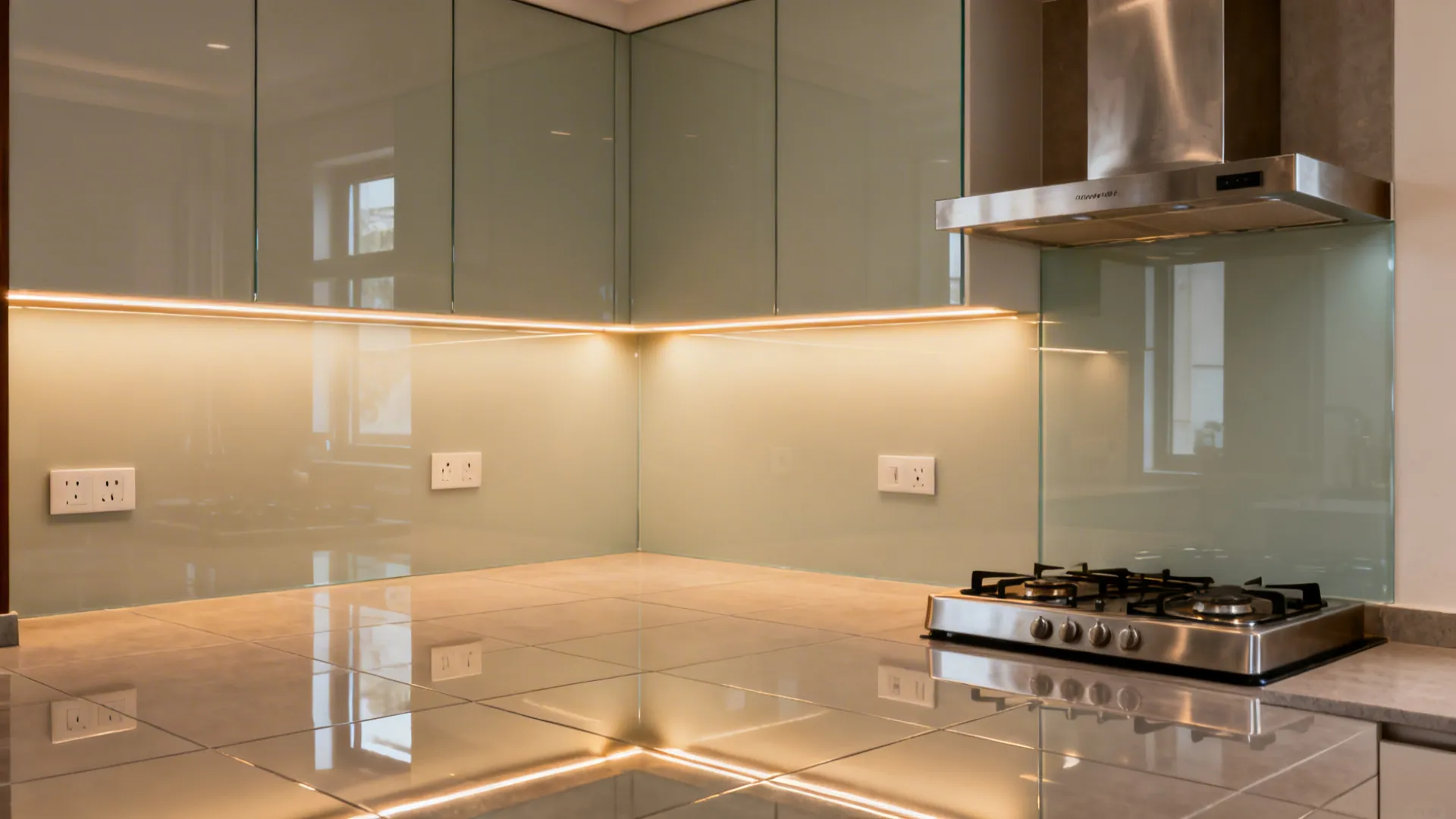 Compact kitchen with seamless low-iron glass backsplash and matte flooring.