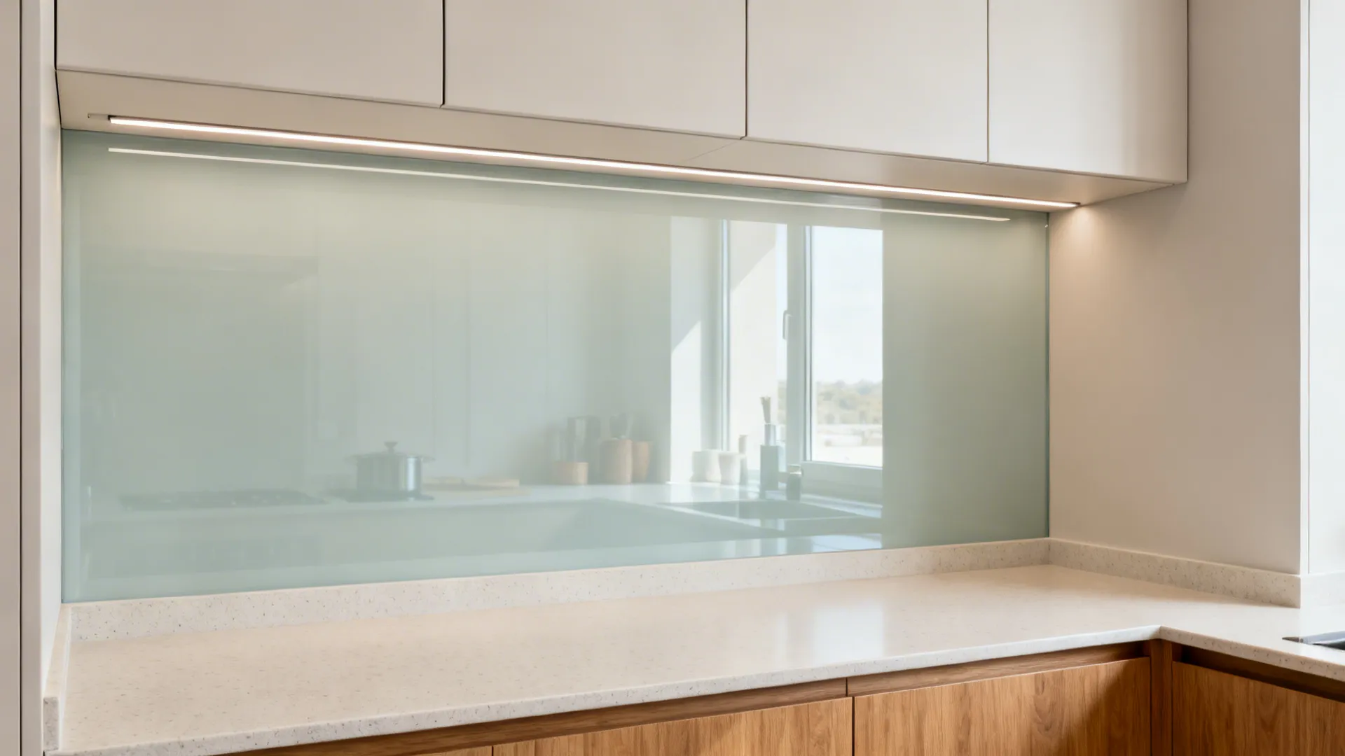 Low-iron glass backsplash with shallow upper cabinets reflects light and adds headroom.